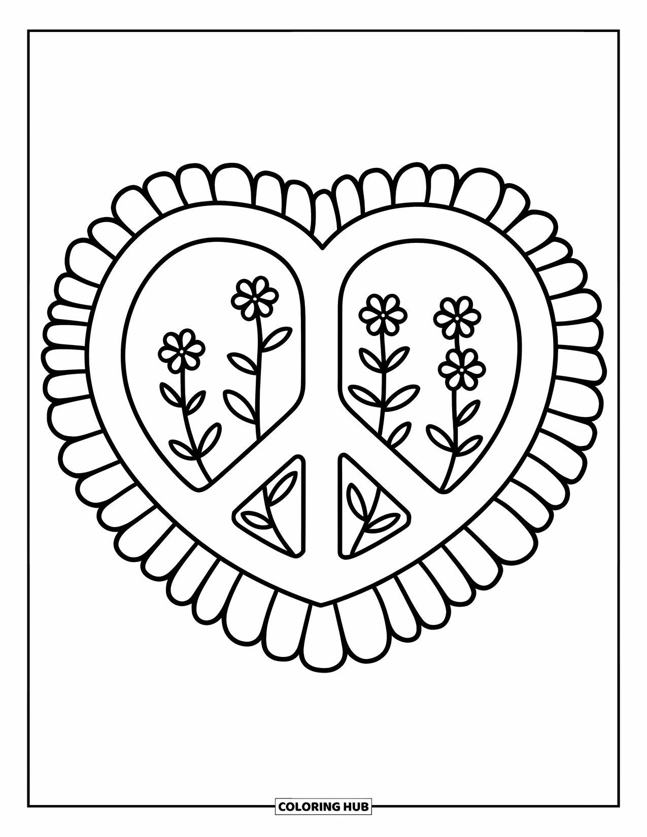Peace Sign Coloring Page for Kids: A heart-shaped peace sign surrounded by petals and tiny blooming flowers