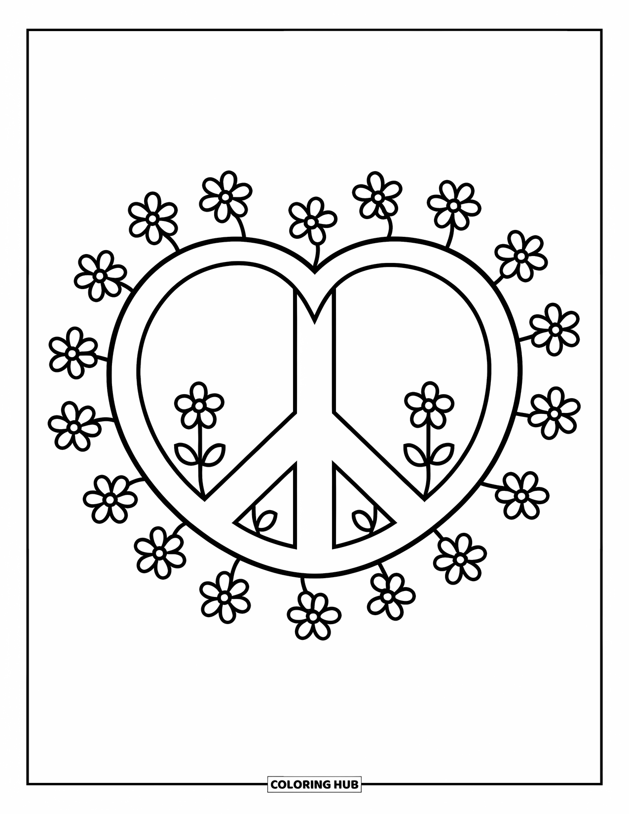 Peace Sign Coloring Page for Kids: A heart with a peace sign and flowers, shaped like a fairytale castle