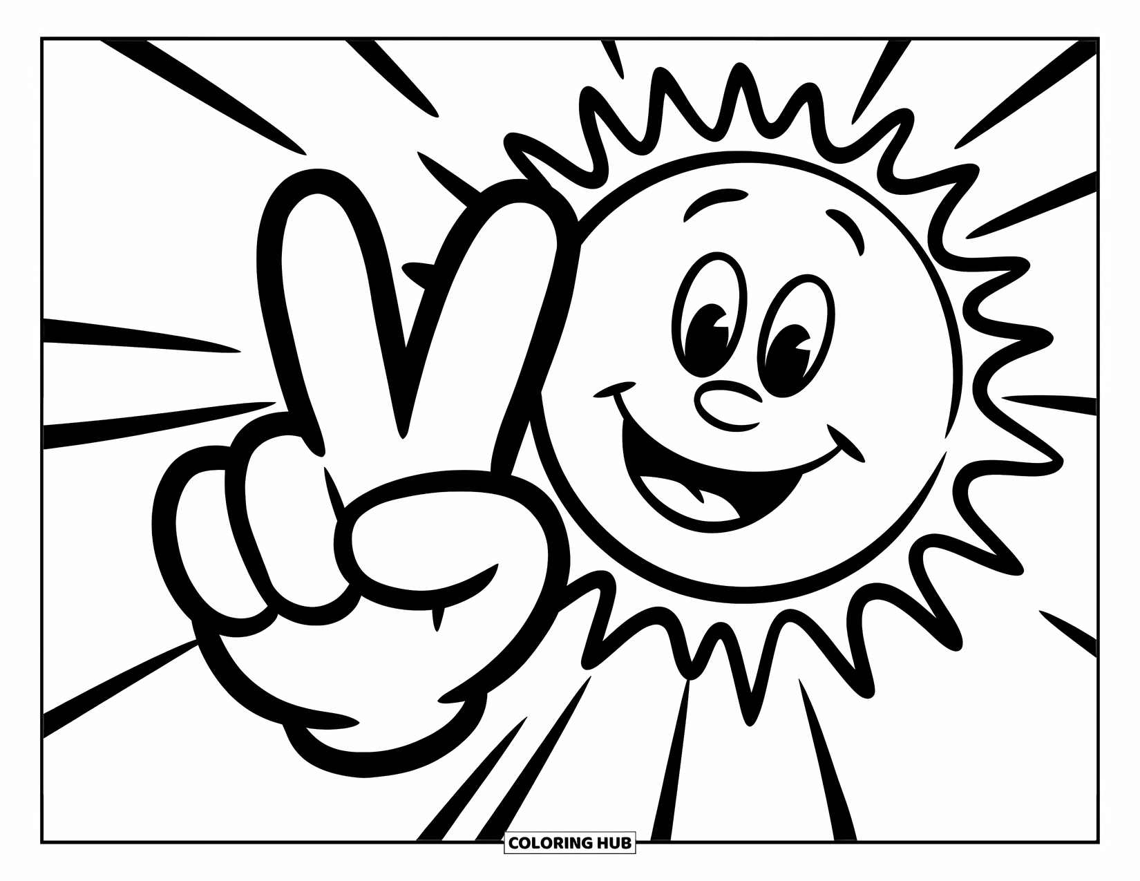 Peace Sign Coloring Page for Kids: A joyful hand throwing a peace sign with a bright sun shining behind