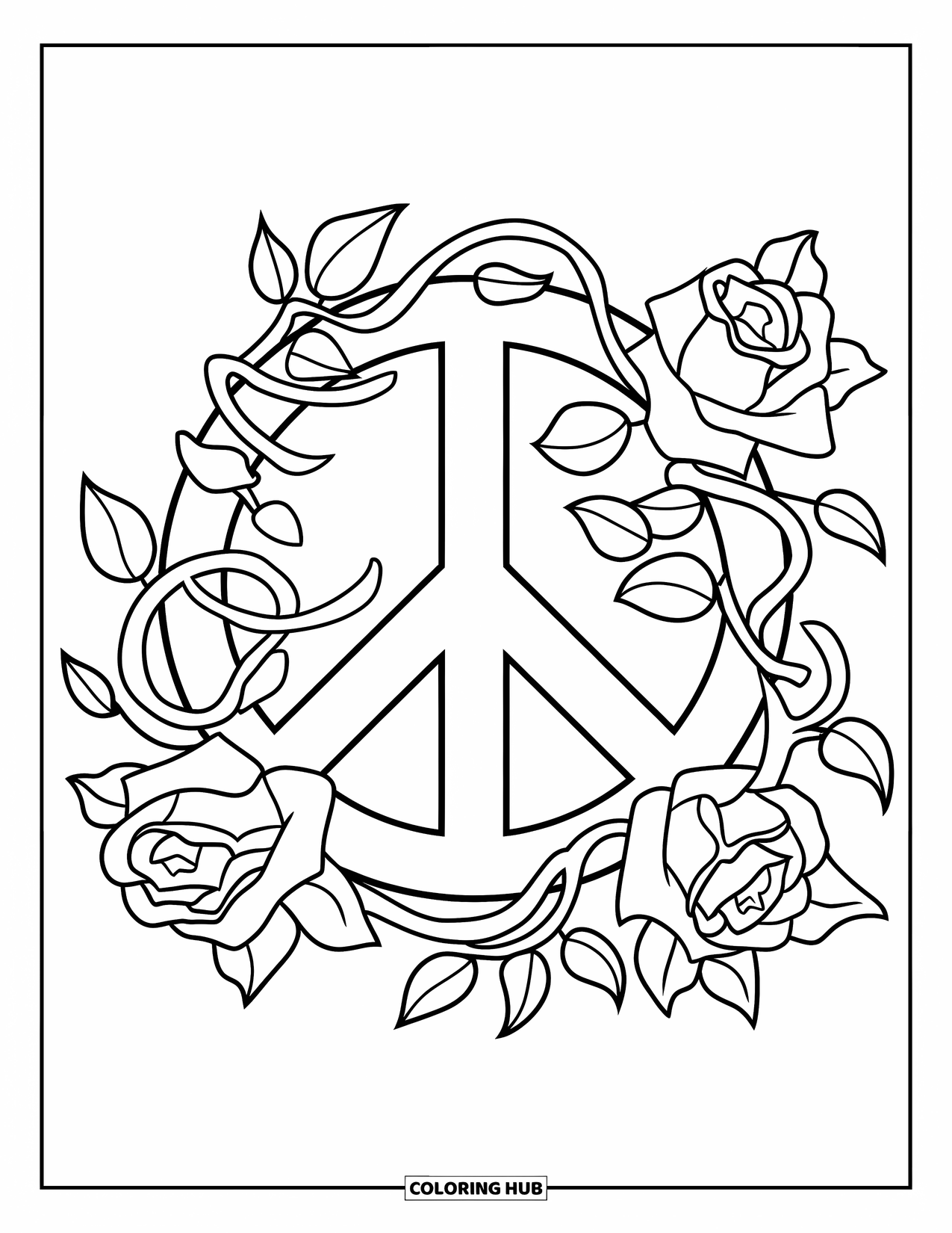 Peace Sign Coloring Page for Kids: A large peace sign surrounded by roses and twisting vines