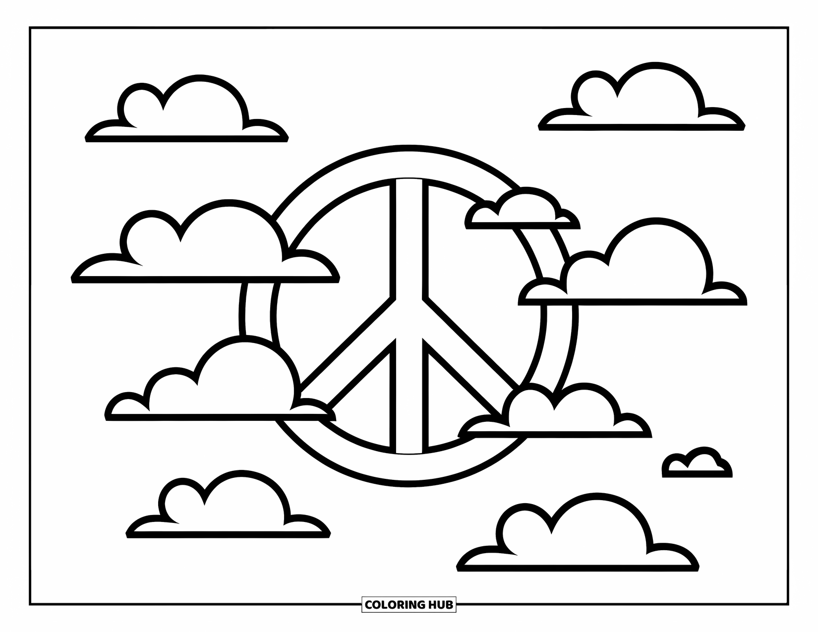 Peace Sign Coloring Page for Kids: A large peace symbol surrounded by soft, puffy cartoon clouds
