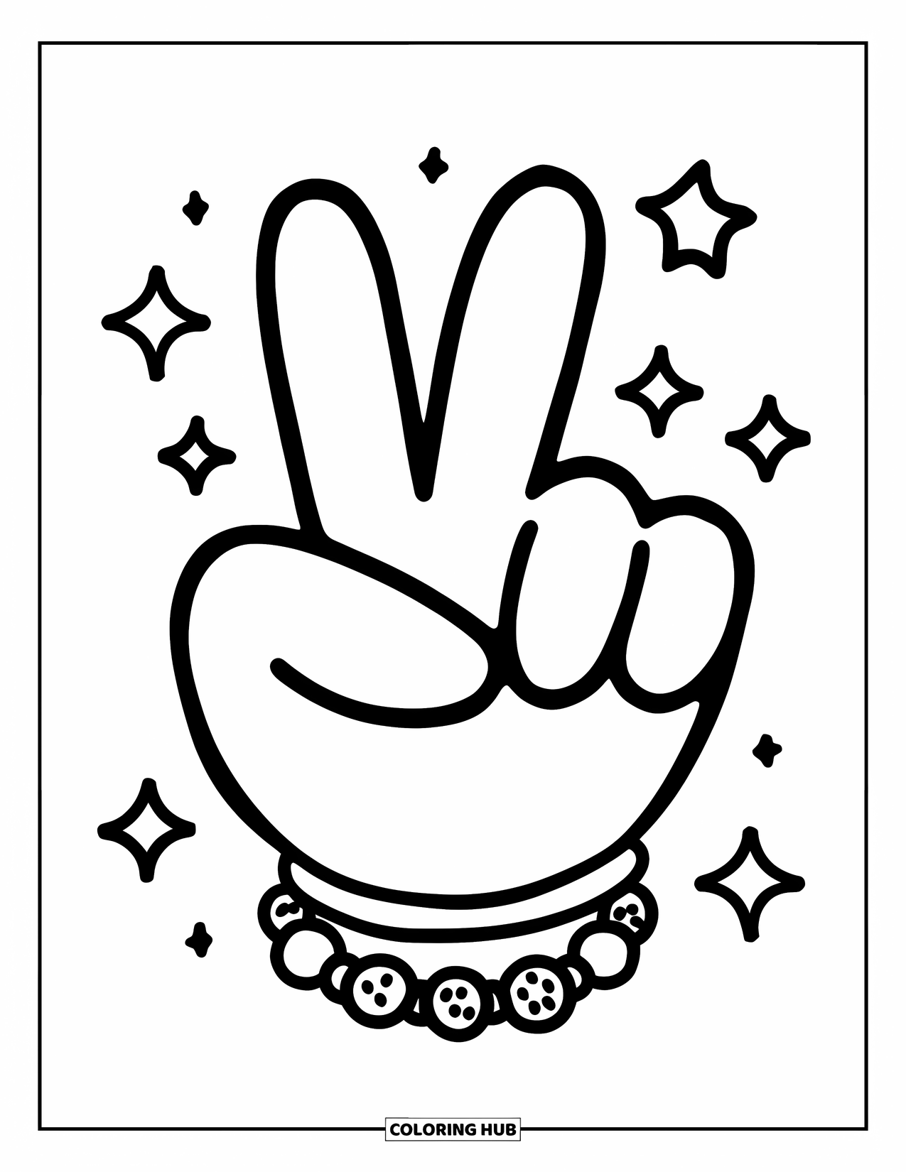 Peace Sign Coloring Page for Kids: A peace hand gesture with cute bracelets and star doodles around it