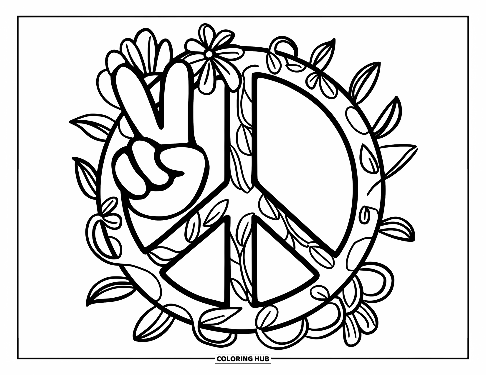 Peace Sign Coloring Page for Kids: A peace sign created by two hands with vines and blooming flowers around them