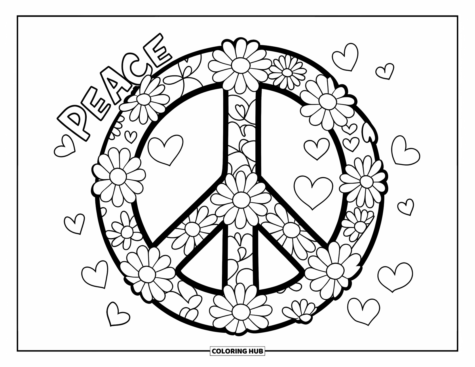 Peace Sign Coloring Page for Kids: A peace sign filled with daisies and hearts, with "PEACE" written beside it