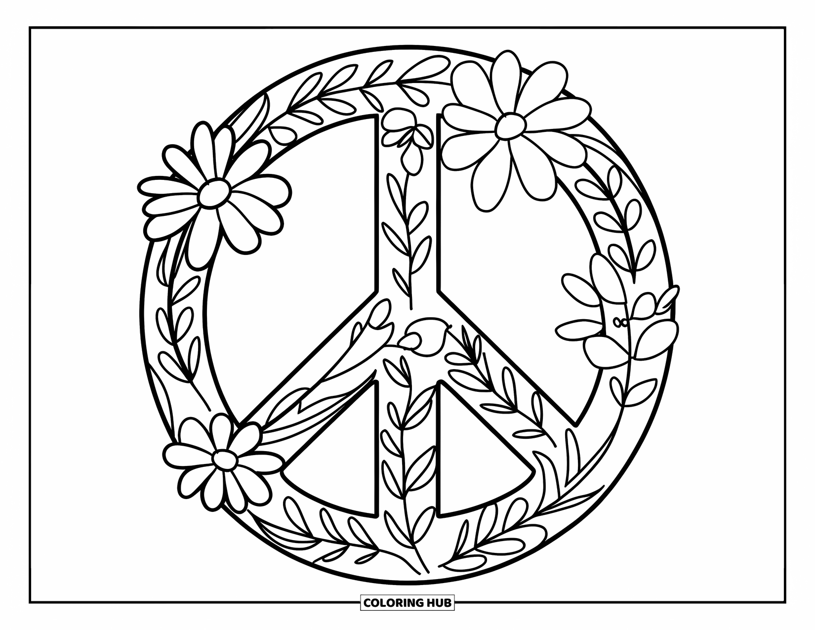 Peace Sign Coloring Page for Kids: A peace sign filled with doodled flowers and vines