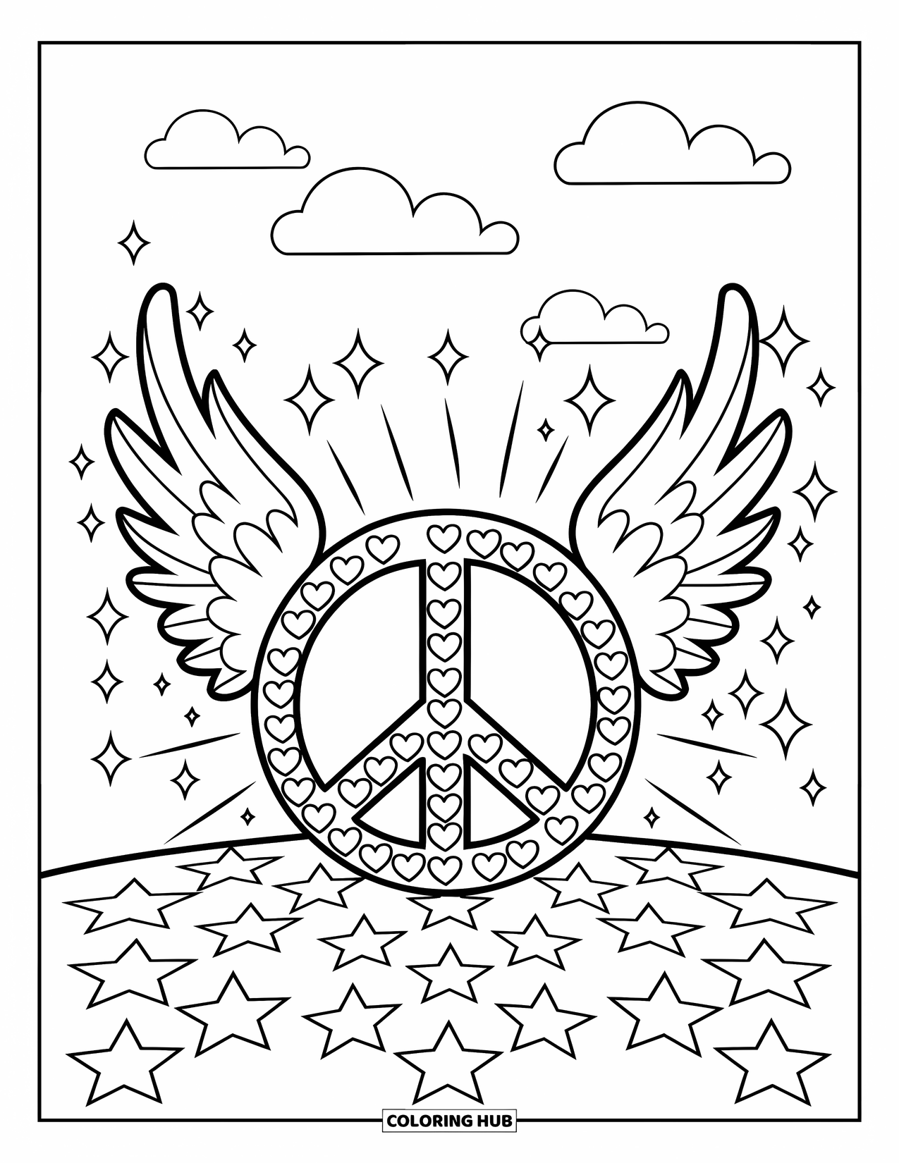 Peace Sign Coloring Page for Kids: A peace sign made of hearts with wings, clouds, stars, and sparkles around it
