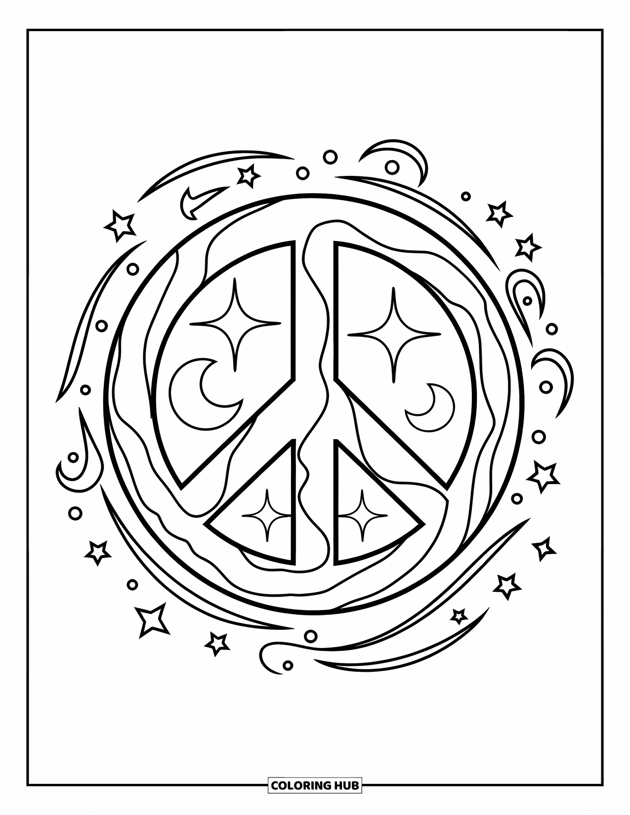Peace Sign Coloring Page for Kids: A peace sign made of two circles with moons, stars, and swirling designs