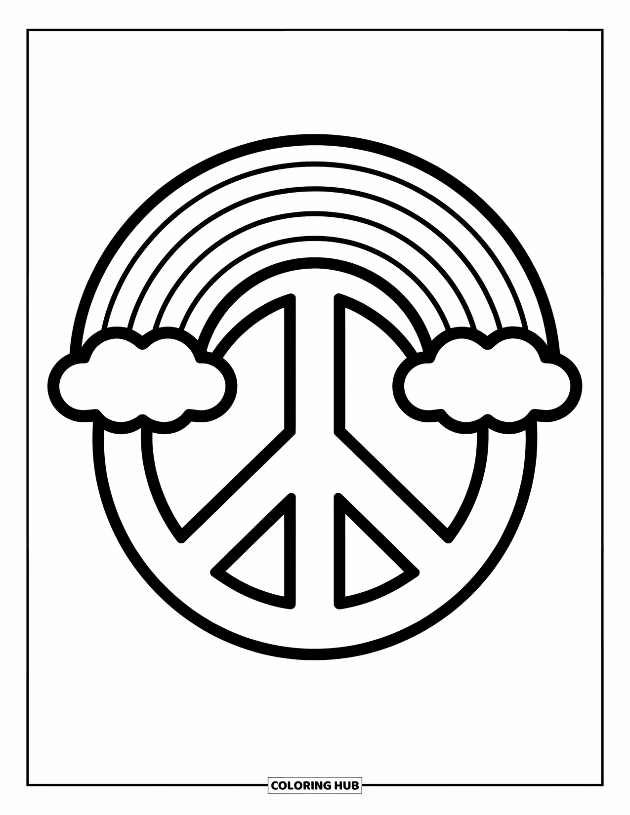 Peace Sign Coloring Page for Kids: A peace sign under a rainbow with a light, playful feel