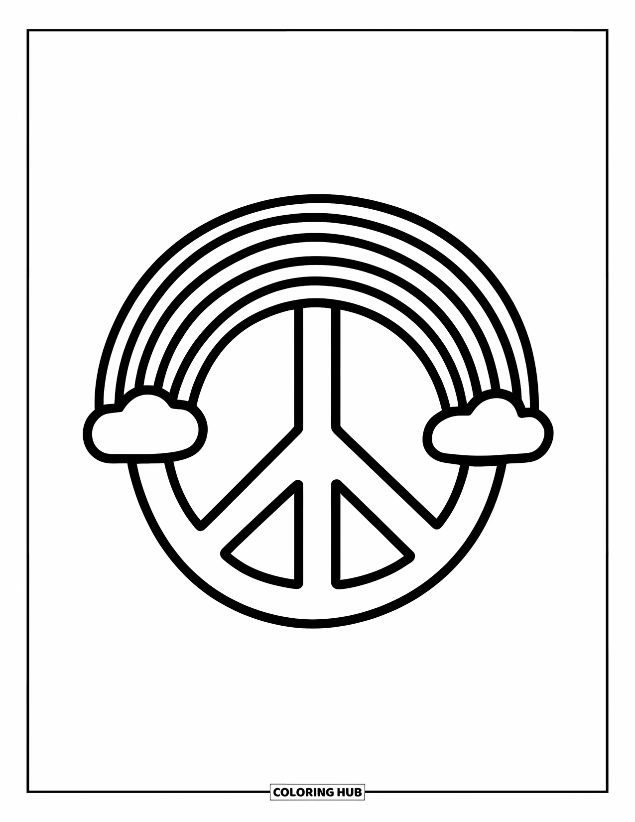 Peace Sign Coloring Page for Kids: A peace sign with a rainbow arching playfully above it