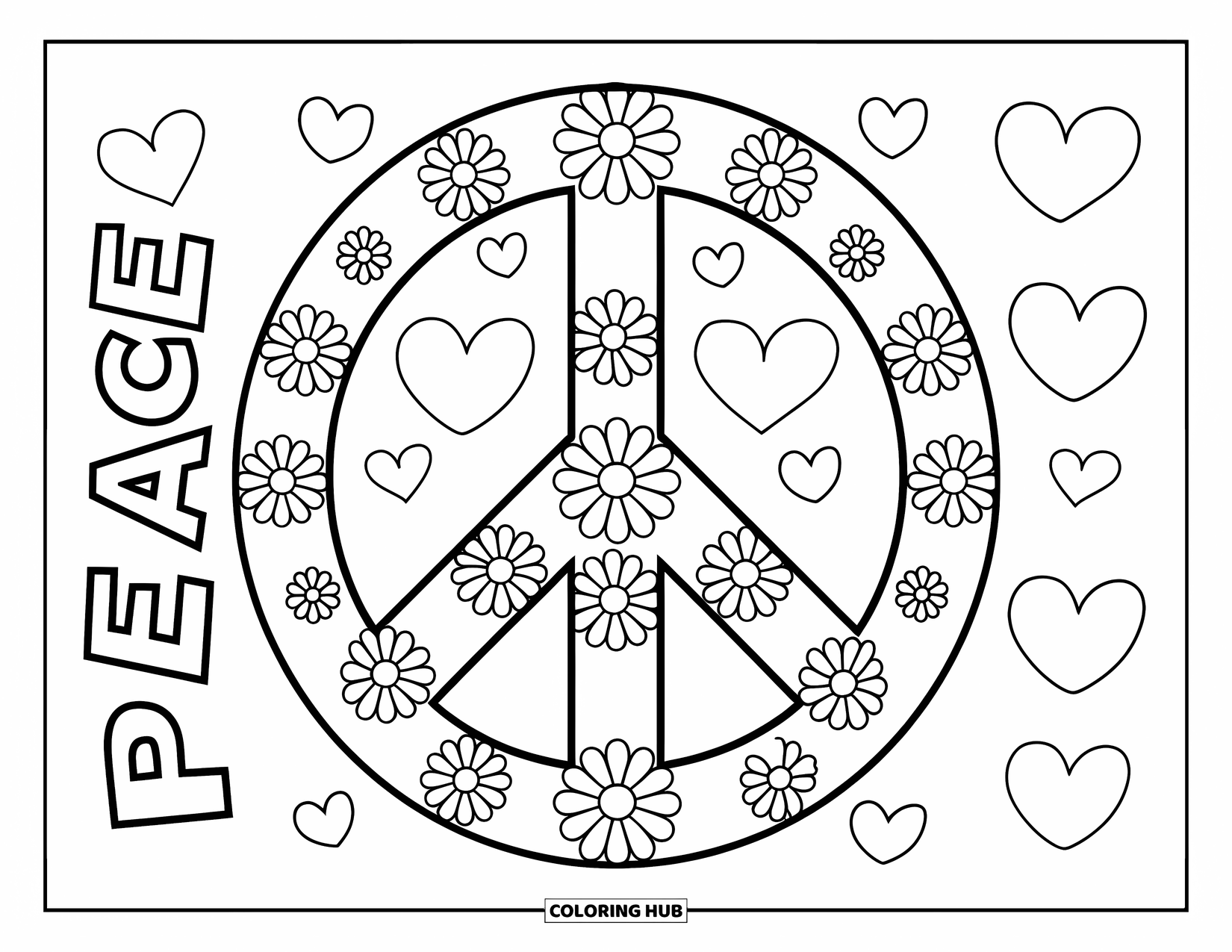 Peace Sign Coloring Page for Kids: A peace sign with daisy designs, hearts, and the word "PEACE" beside it