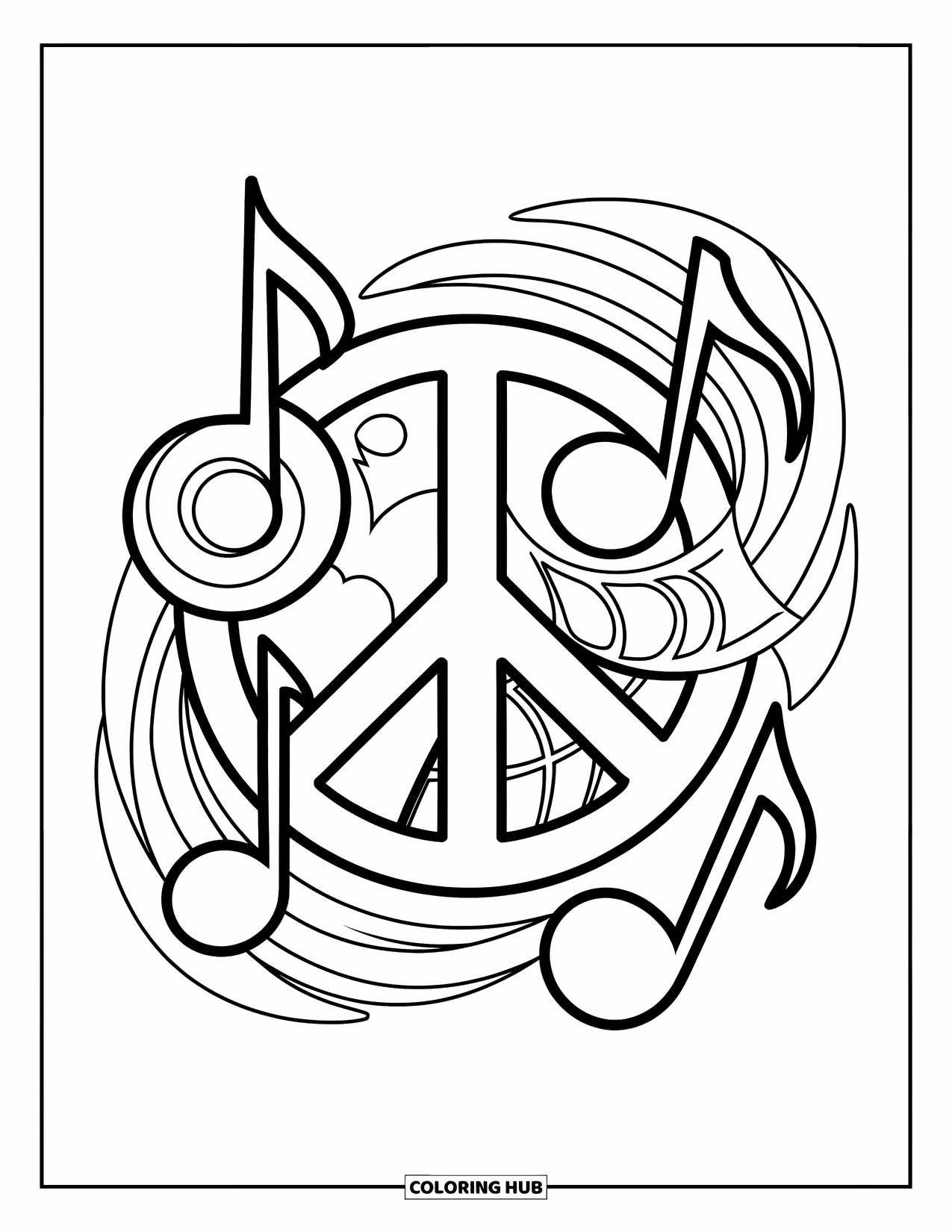 Peace Sign Coloring Page for Kids: A peace symbol surrounded by music notes and swirling abstract designs
