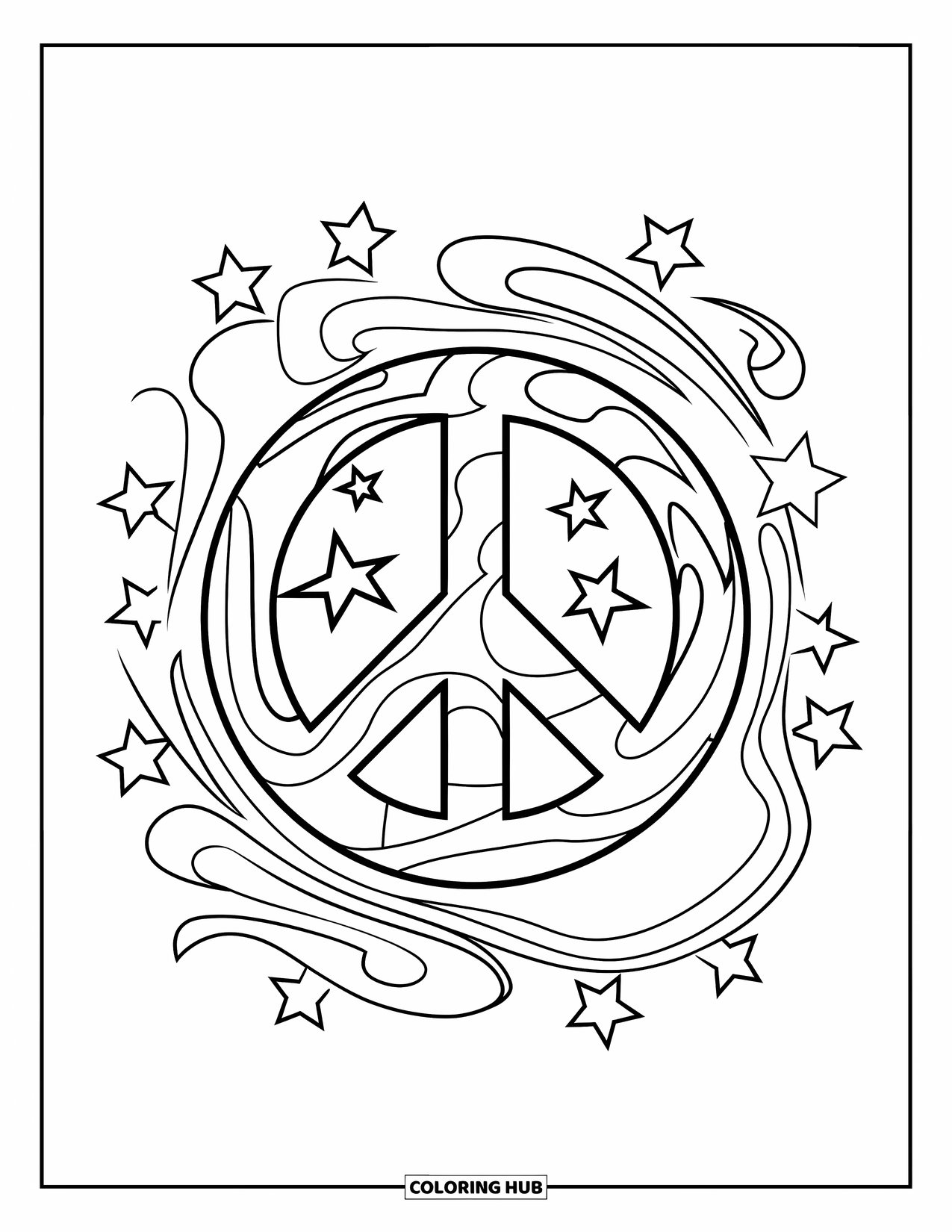Peace Sign Coloring Page for Kids: A peace symbol with a triangle inside, surrounded by stars and swirly lines