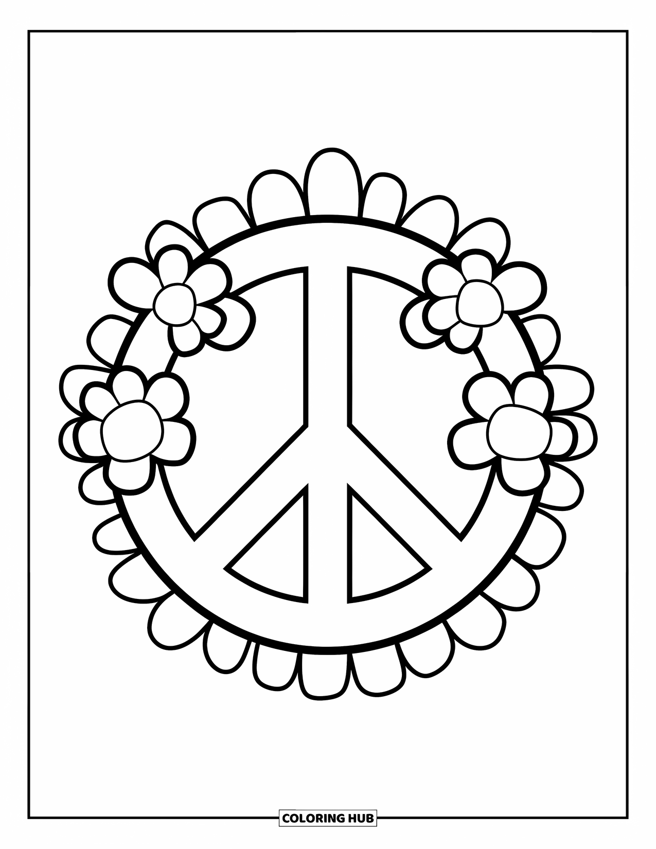 Peace Sign Coloring Page for Kids: A playful peace sign with large flower petals and a happy feel
