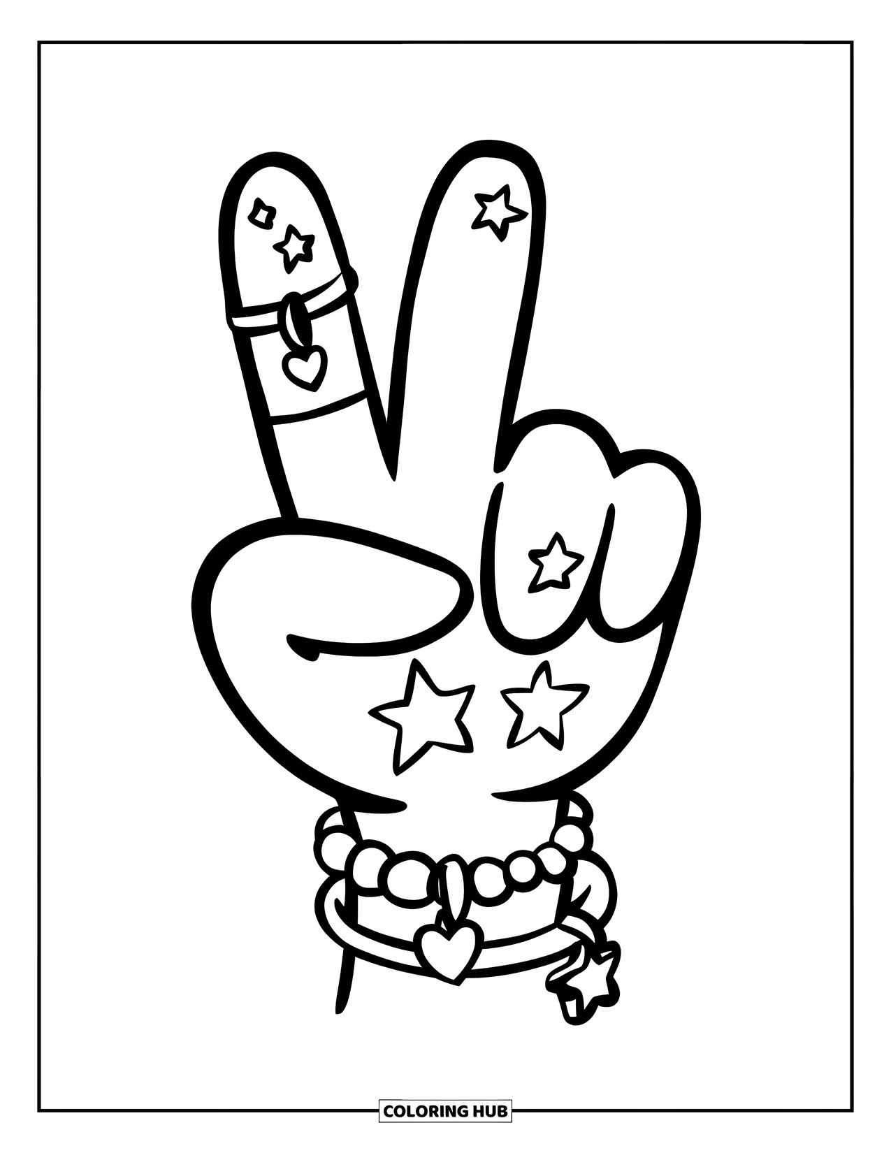 Peace Sign Coloring Page for Kids: A raised peace hand with bracelets and tiny stars on the palm and around it