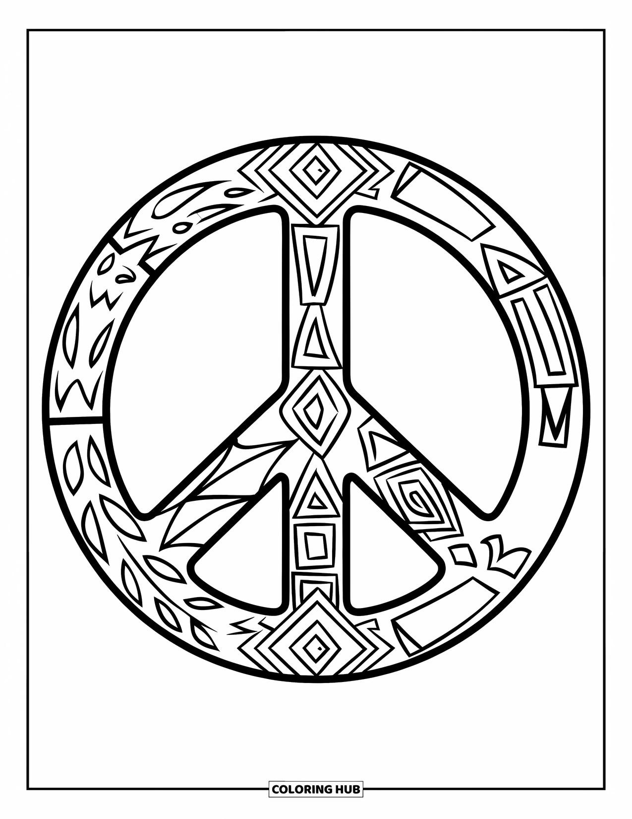 Peace Sign Coloring Page for Kids: A tribal-patterned peace sign with clean lines inside a circle