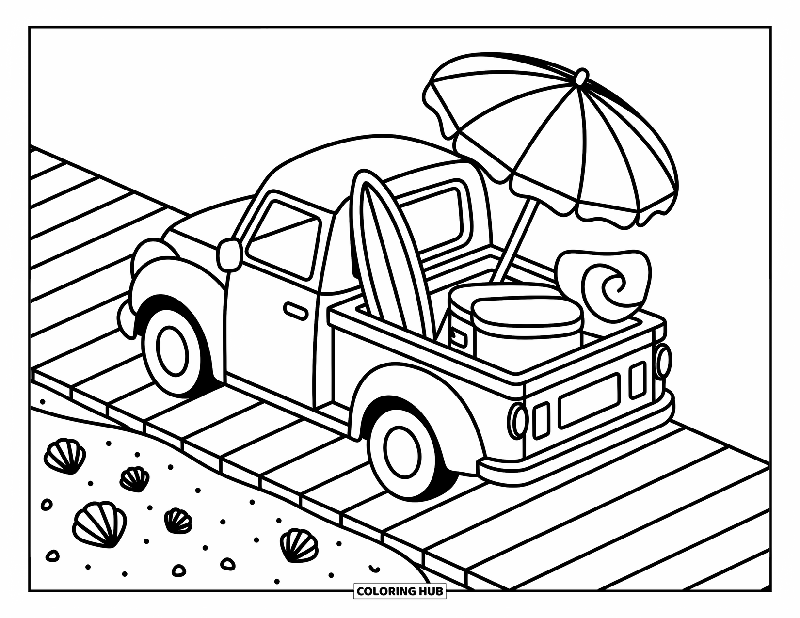 Pickup Truck Coloring Page for Adults: A beachy pickup truck holds cute summer items and points toward snacks and sunshine
