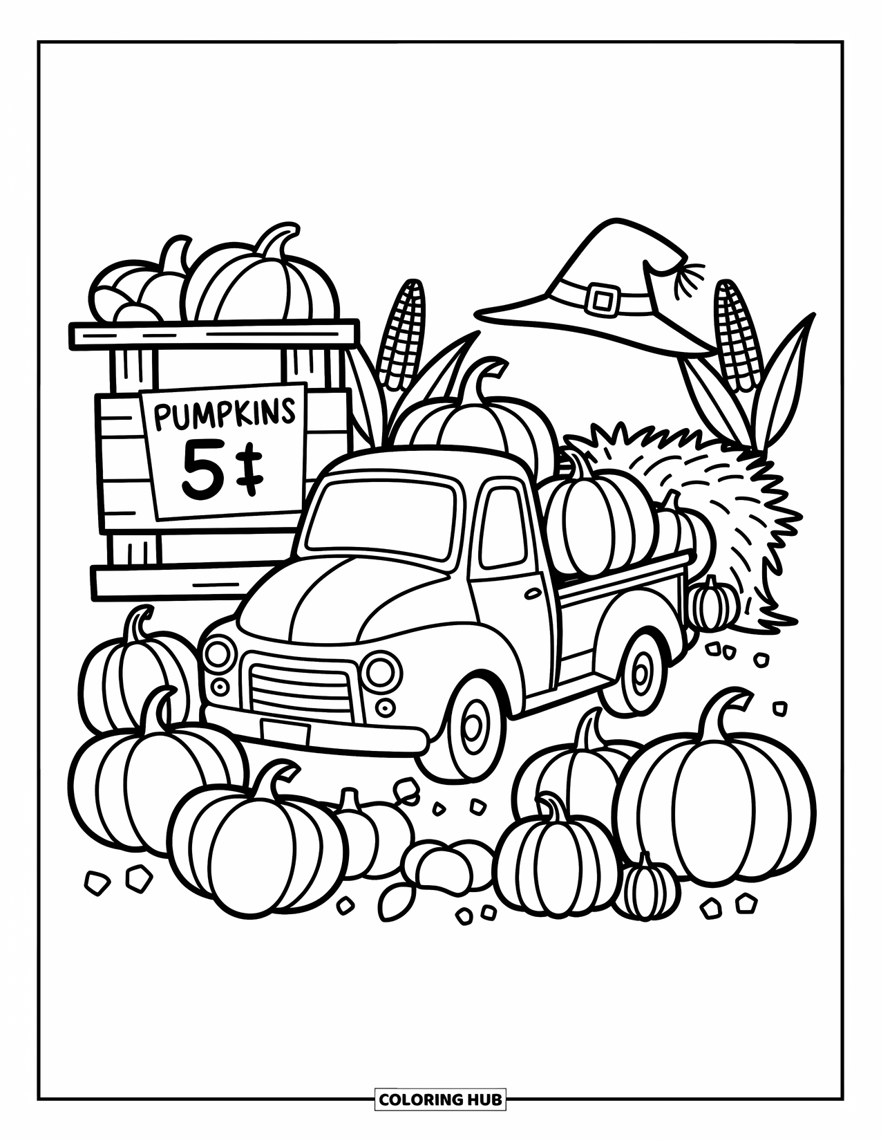 Pickup Truck Coloring Page for Adults: A cozy pickup sits in a pumpkin patch with a sign, hay, and autumn goodies