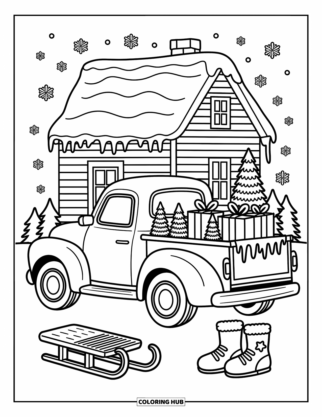 Pickup Truck Coloring Page for Adults: A holiday truck full of gifts and trees sits beside boots and snowflakes