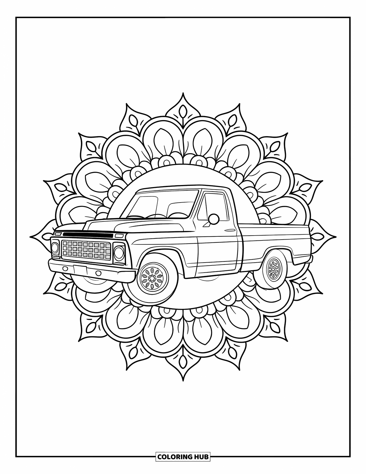 Pickup Truck Coloring Page for Adults: A pickup is framed by mandala flowers in a simple, clean white setting