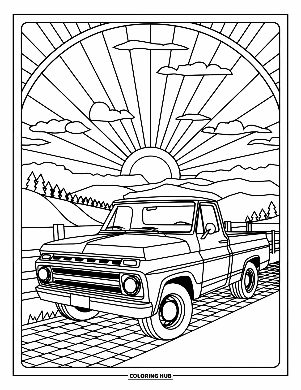 Pickup Truck Coloring Page for Adults: A pickup truck sits under patterned sun rays with clouds and rolling hills