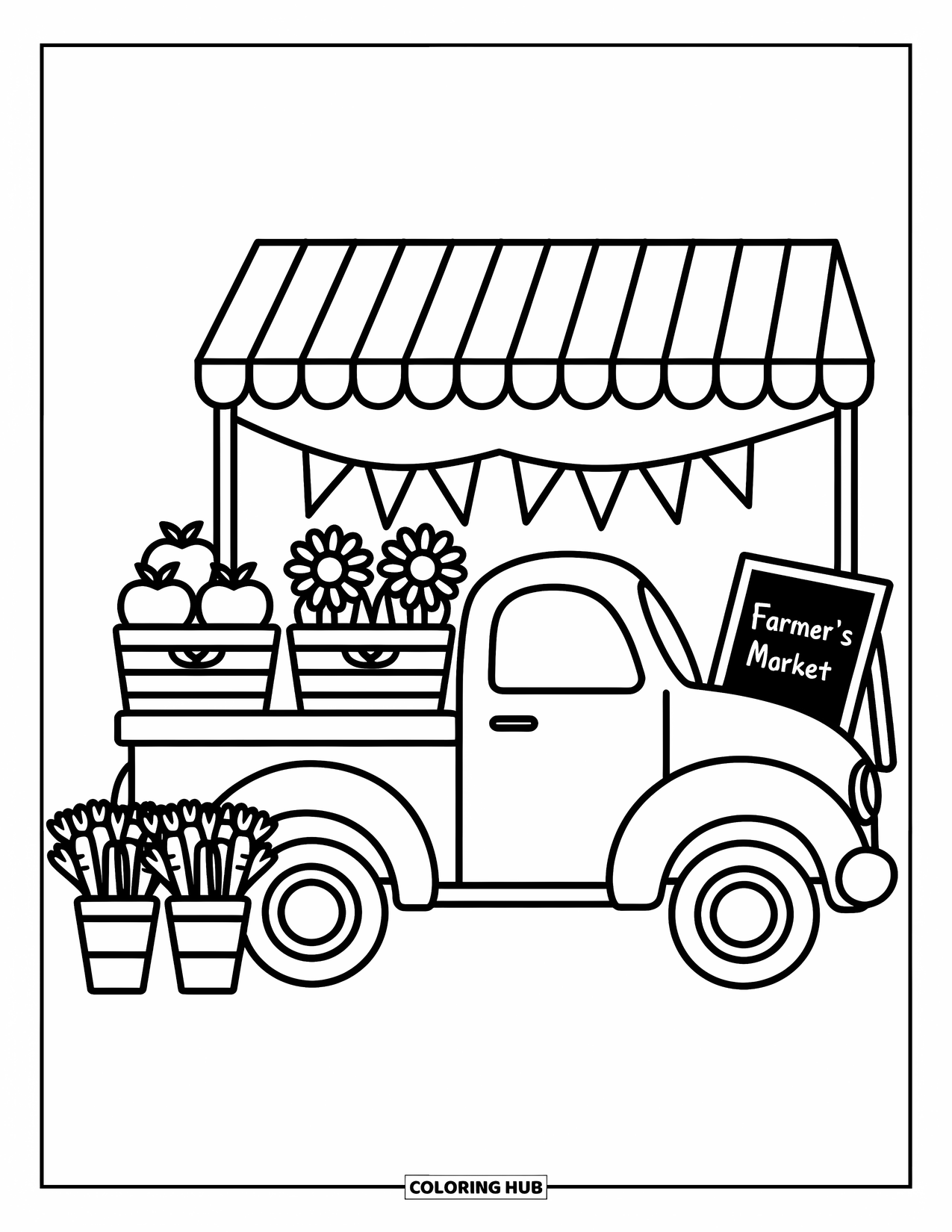 Pickup Truck Coloring Page for Adults: A small truck sits by a market stall filled with apples, flowers, and carrots