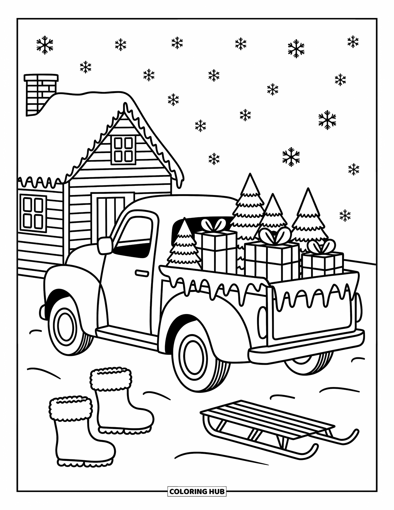 Pickup Truck Coloring Page for Adults: A snow-covered truck carries gifts and trees beside a snowy cottage and sled