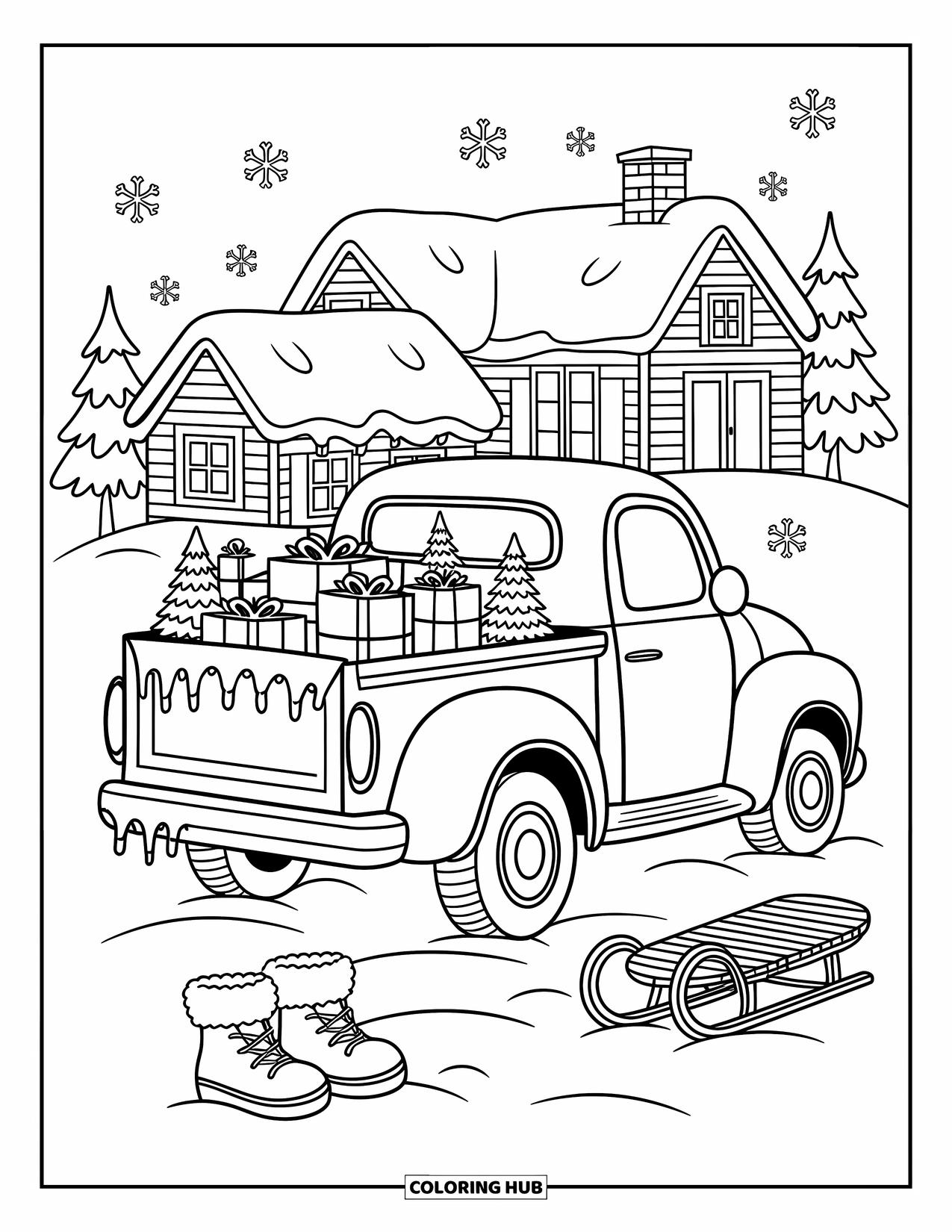 Pickup Truck Coloring Page for Adults: A snow-dusted truck holds presents and trees next to a sled and cozy cottage