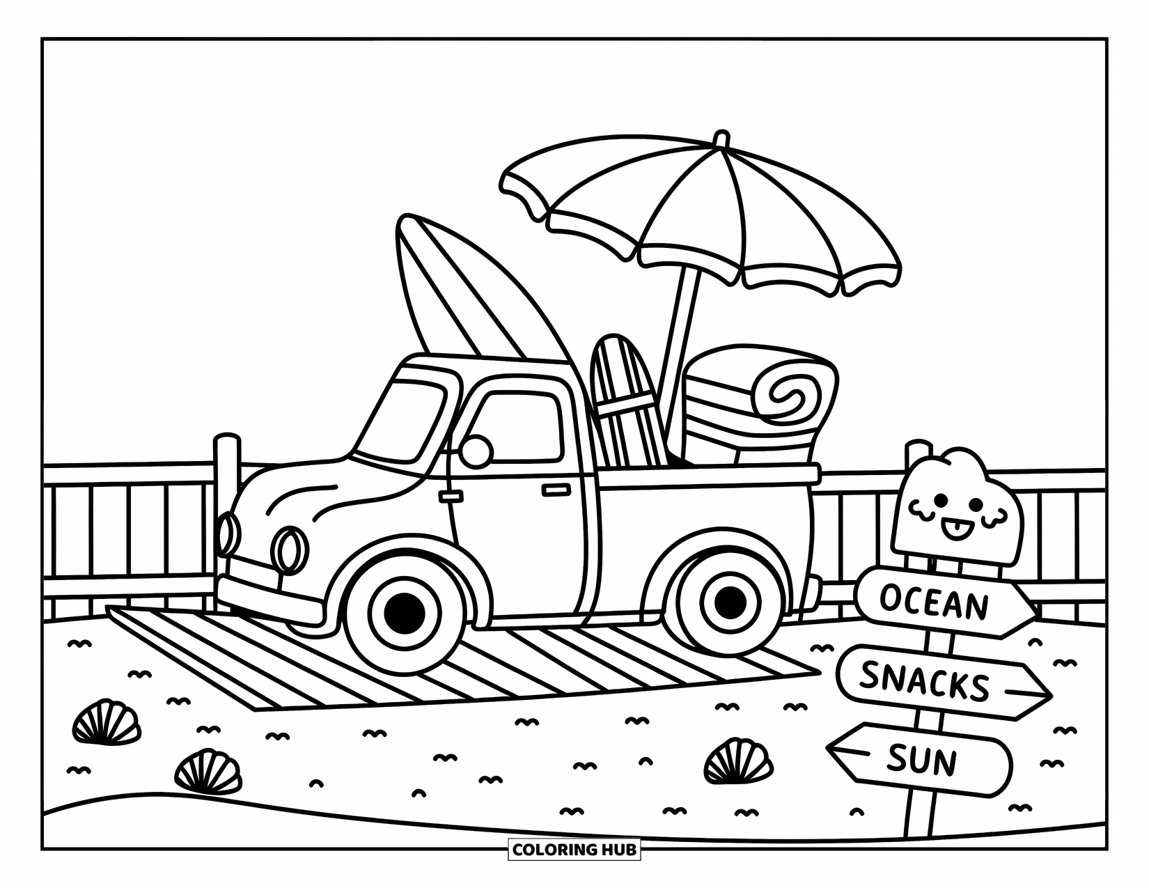 Pickup Truck Coloring Page for Adults: A truck by the beach is loaded with seaside essentials and a playful beach sign