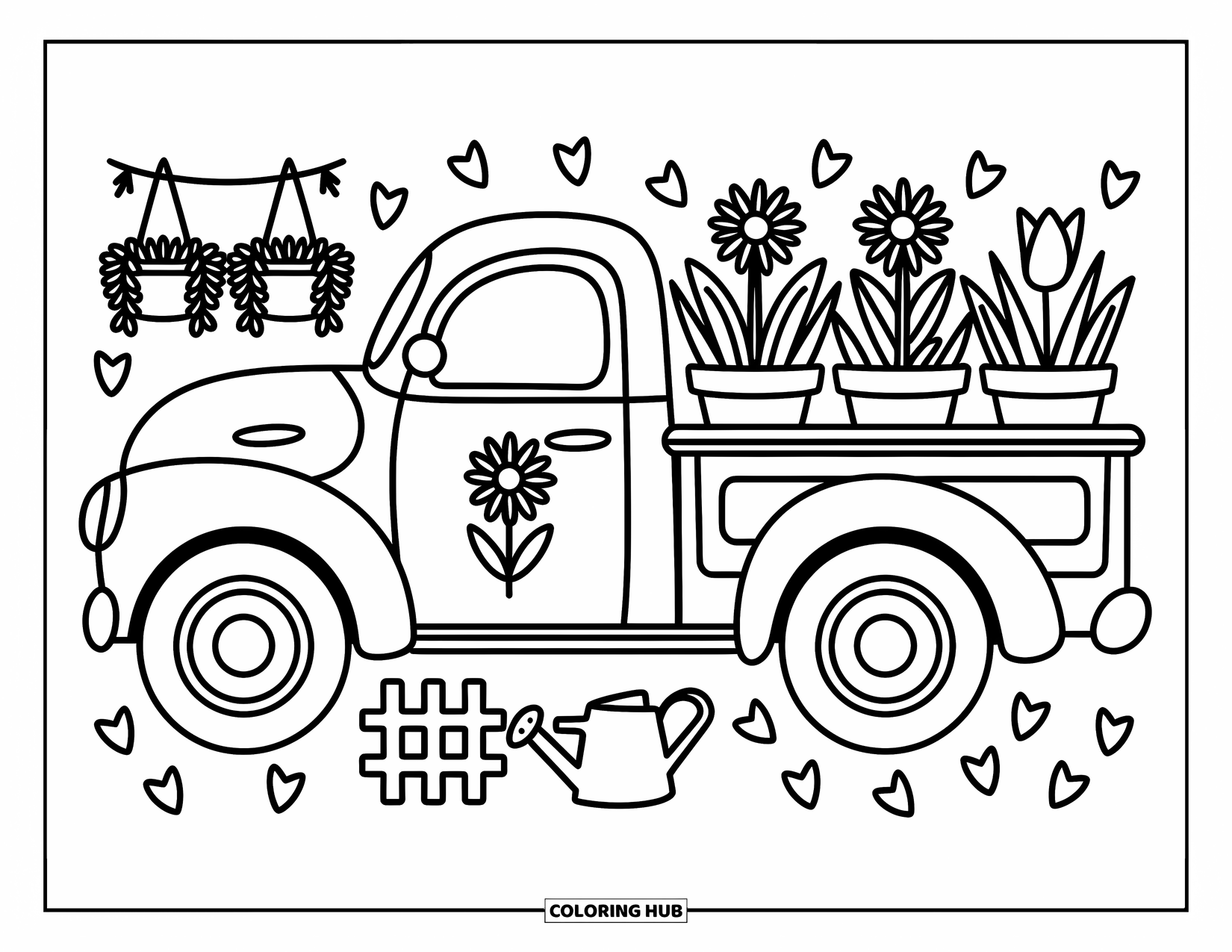 Pickup Truck Coloring Page for Adults: A truck full of tulips and daisies stands beside a cozy garden setup