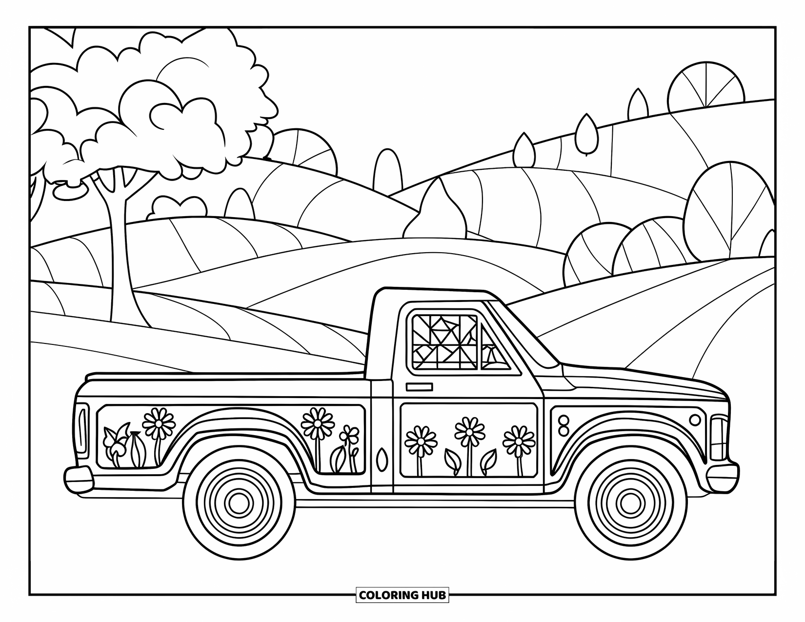 Pickup Truck Coloring Page for Adults: A truck silhouette is filled with stained glass and flowers against a peaceful hillside