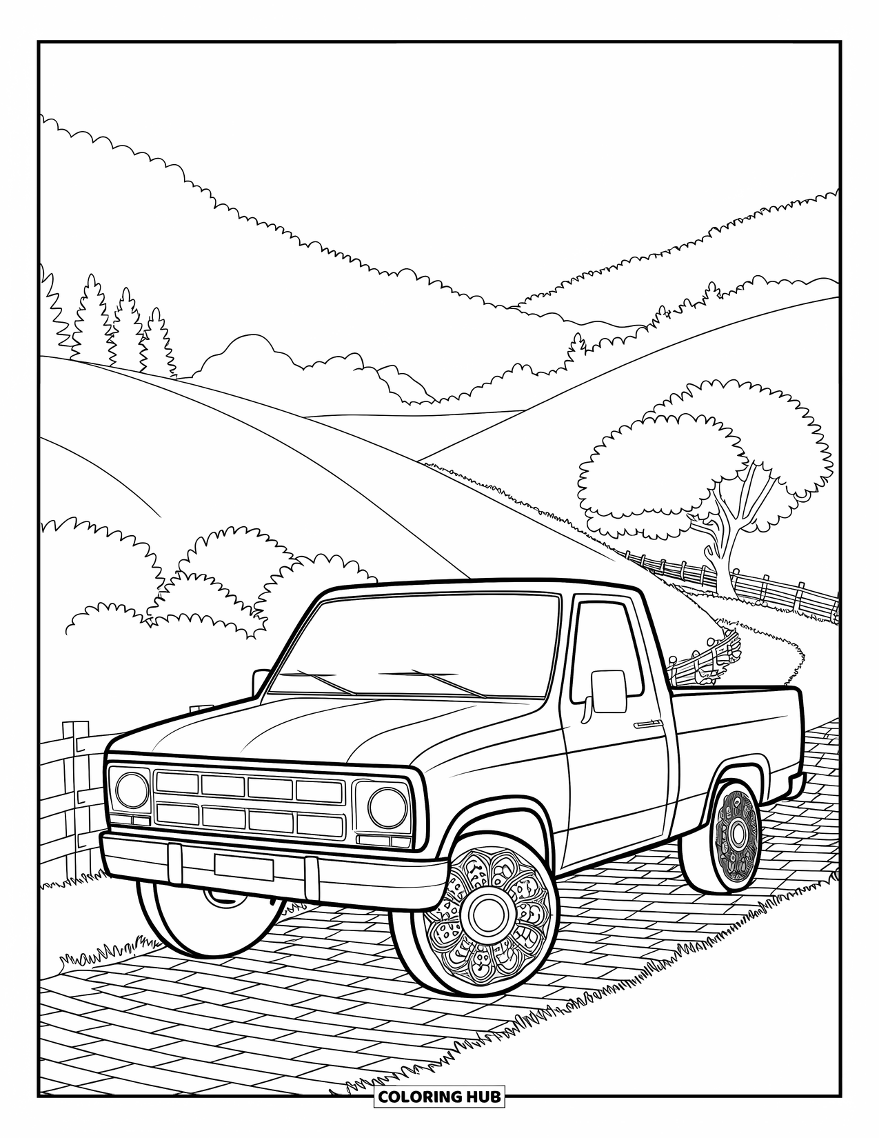 Pickup Truck Coloring Page for Adults: A truck with mandala wheels is parked near trees, hills, and a wooden fence