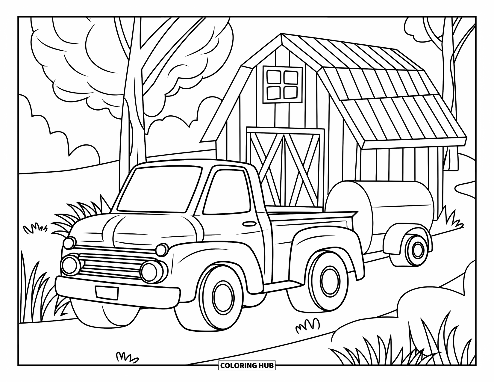 Pickup Truck Coloring Page for Kids: A cheerful pickup with a trailer is parked next to a sweet barn scene