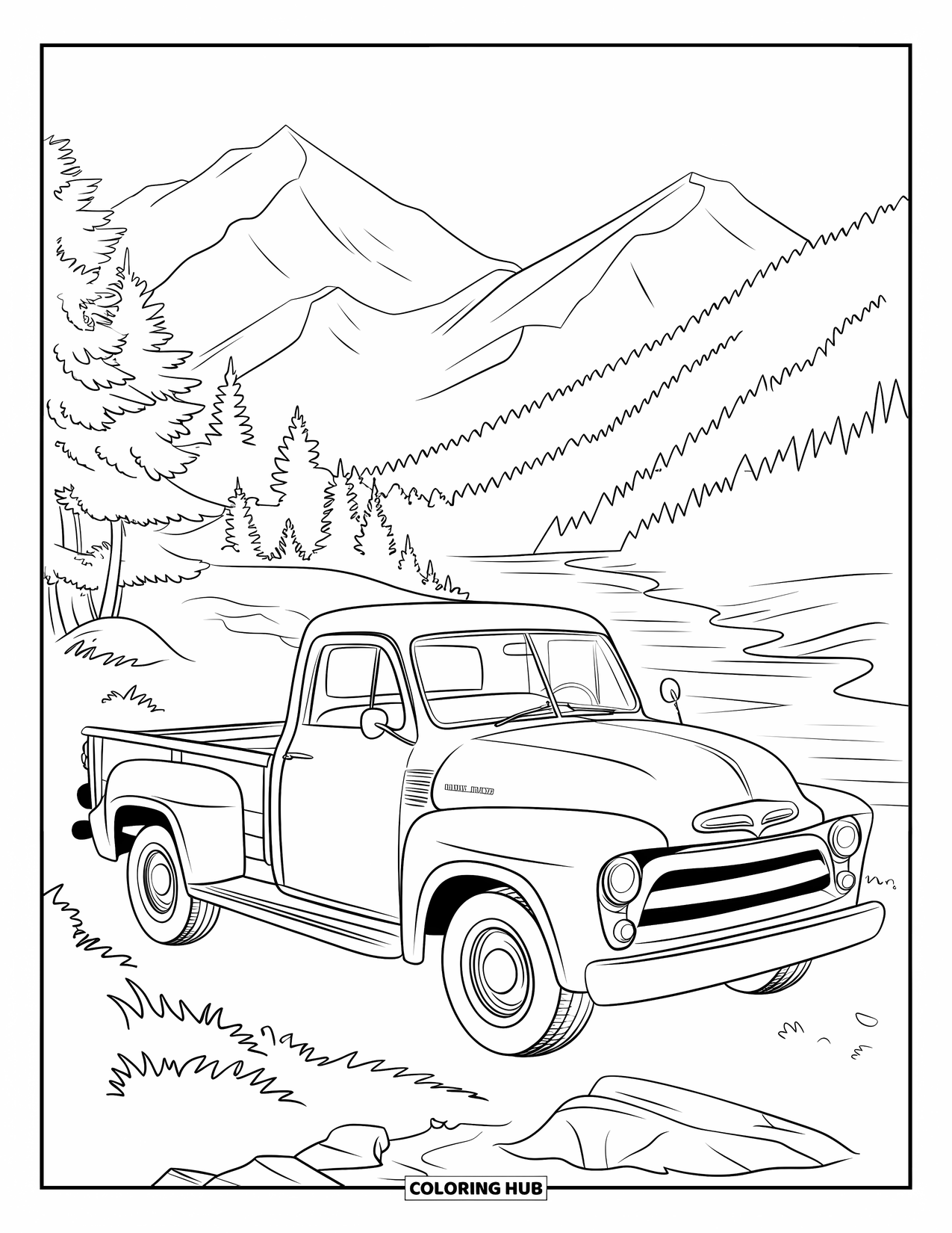 Pickup Truck Coloring Page for Kids: A classic truck is parked beside a river in a forested mountain setting
