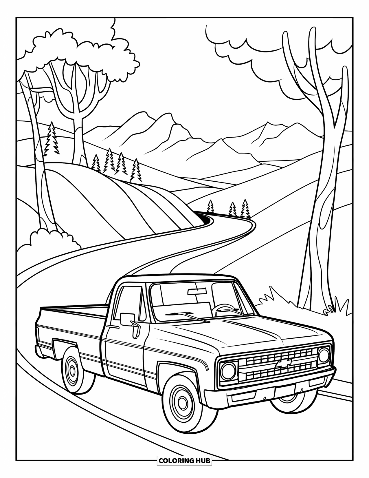 Pickup Truck Coloring Page for Kids: A classic truck winds along a scenic mountain road under a blue sky