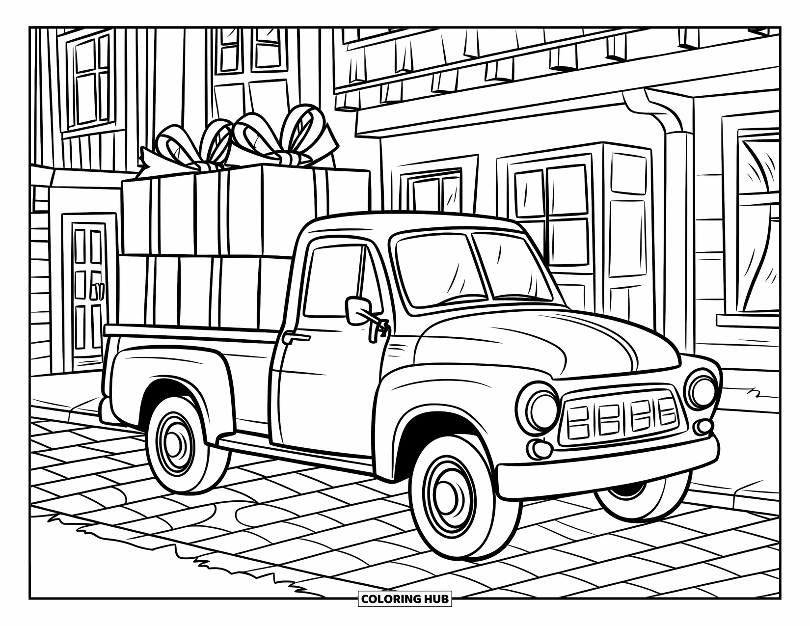 Pickup Truck Coloring Page for Kids: A happy little truck with boxes rests on a cobblestone street near wooden houses