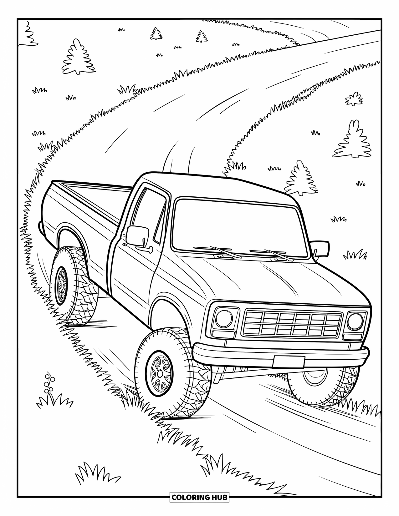 Pickup Truck Coloring Page for Kids: A pickup truck bounces along a country road with grass and trees on both sides