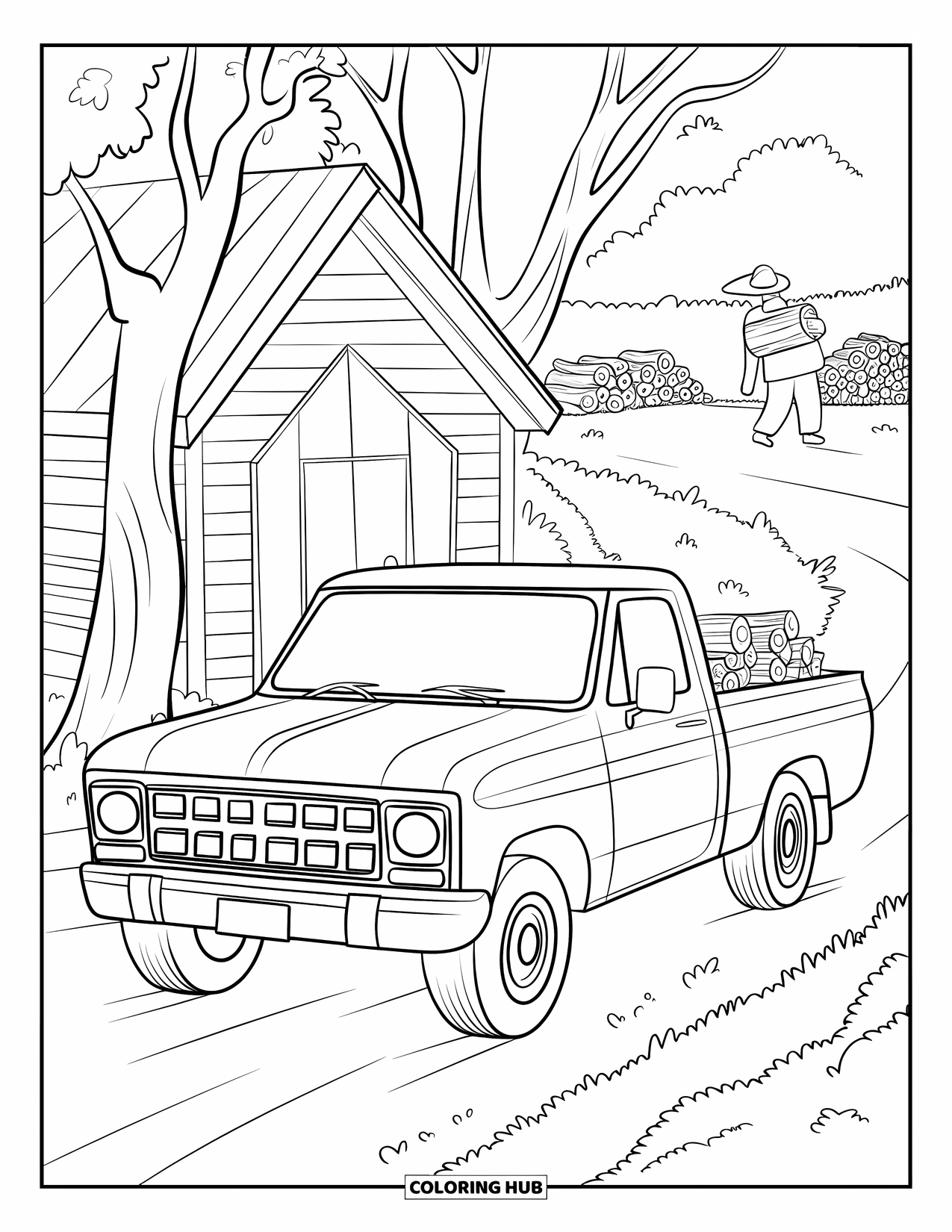 Pickup Truck Coloring Page for Kids: A pickup truck delivers firewood to a cozy cottage among trees and a quiet path