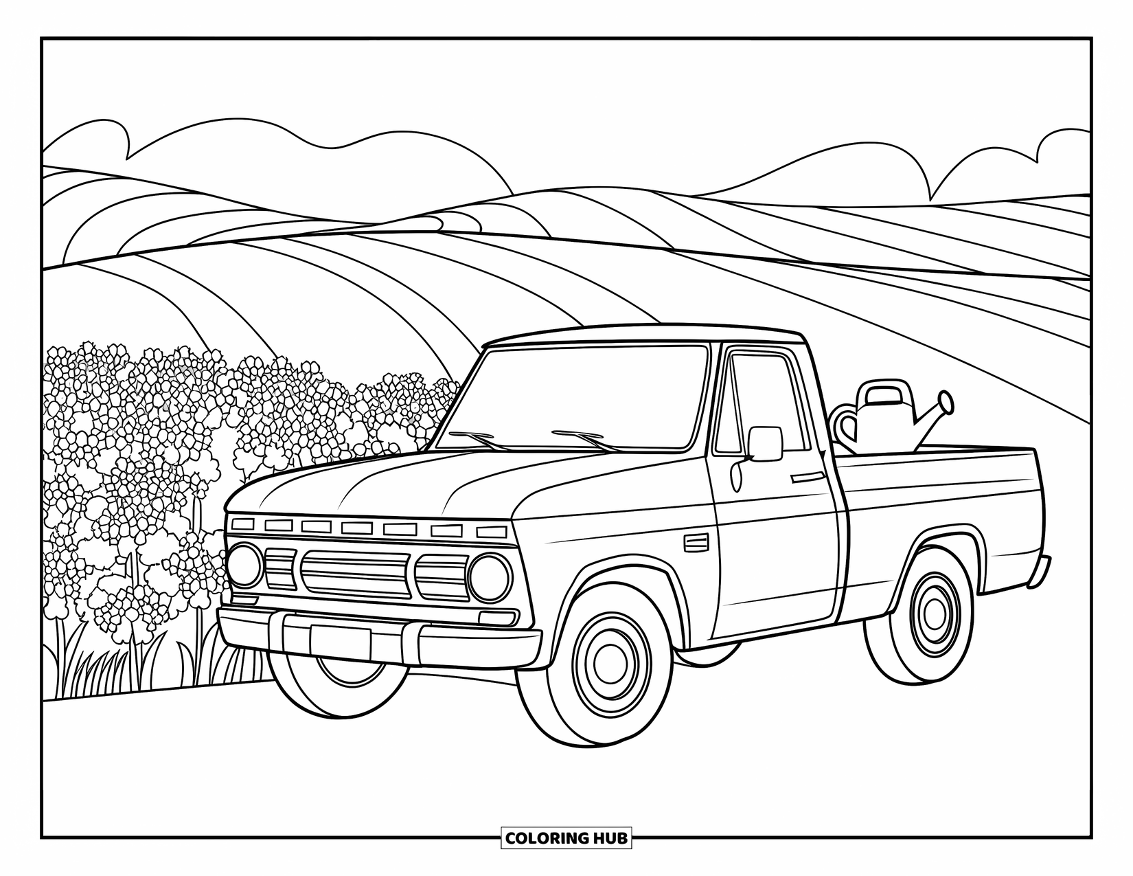 Pickup Truck Coloring Page for Kids: A pickup truck rests beside a blooming field with a watering can in the back