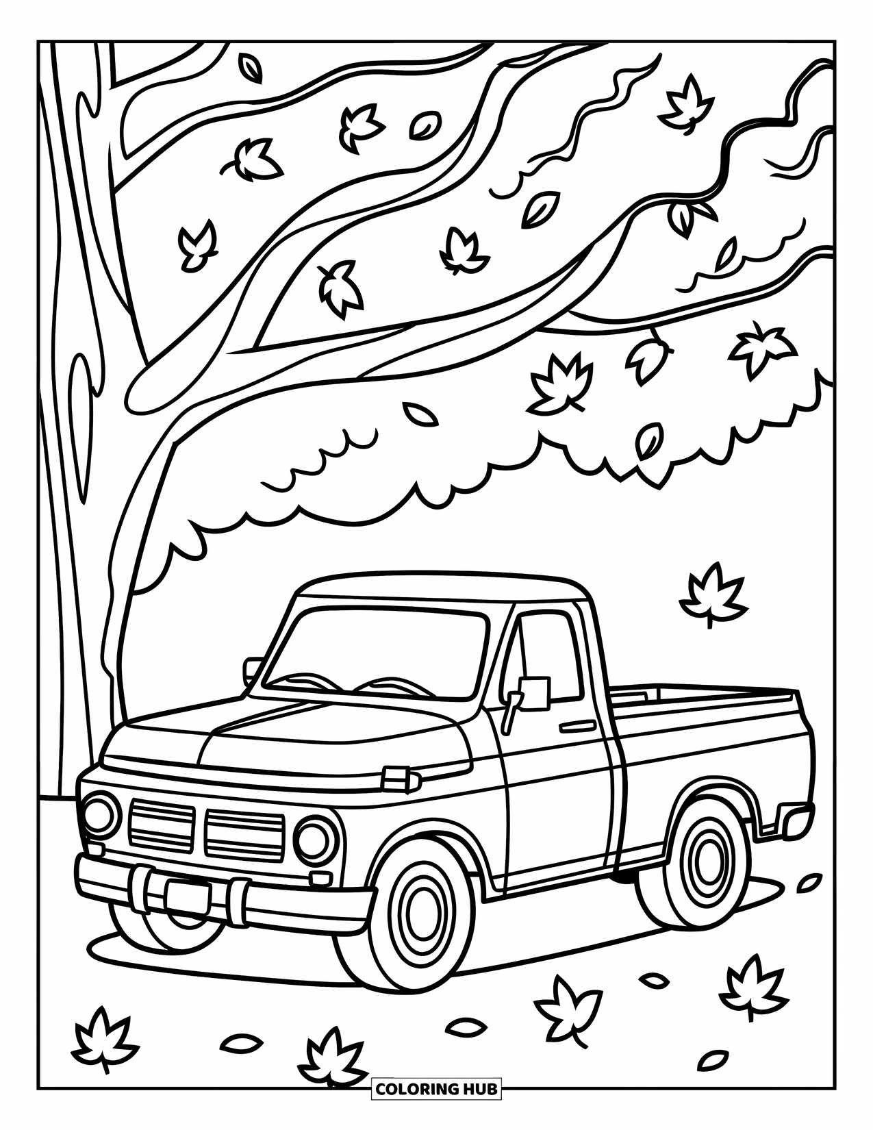 Pickup Truck Coloring Page for Kids: A playful truck sits under a tree while leaves fall softly around it