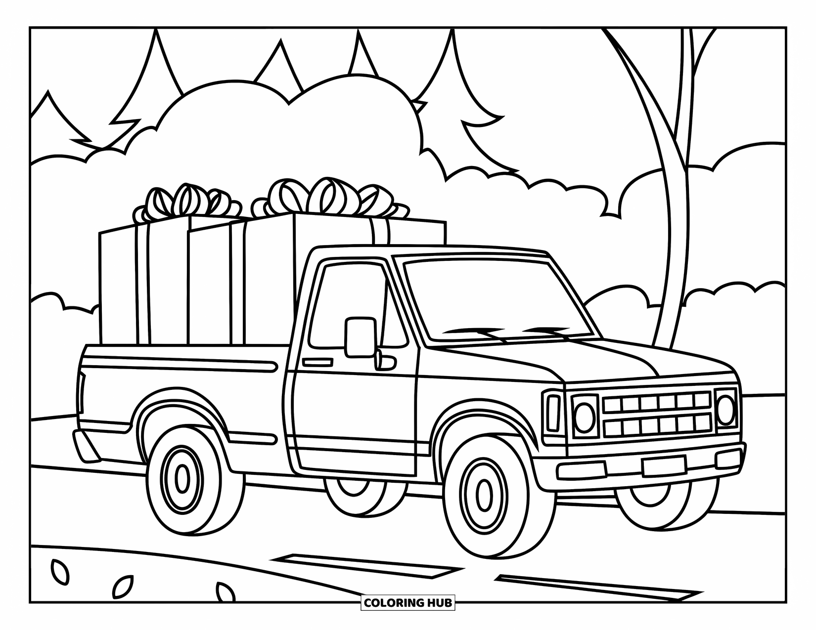 Pickup Truck Coloring Page for Kids: A playful truck with gift boxes is parked quietly near some trees