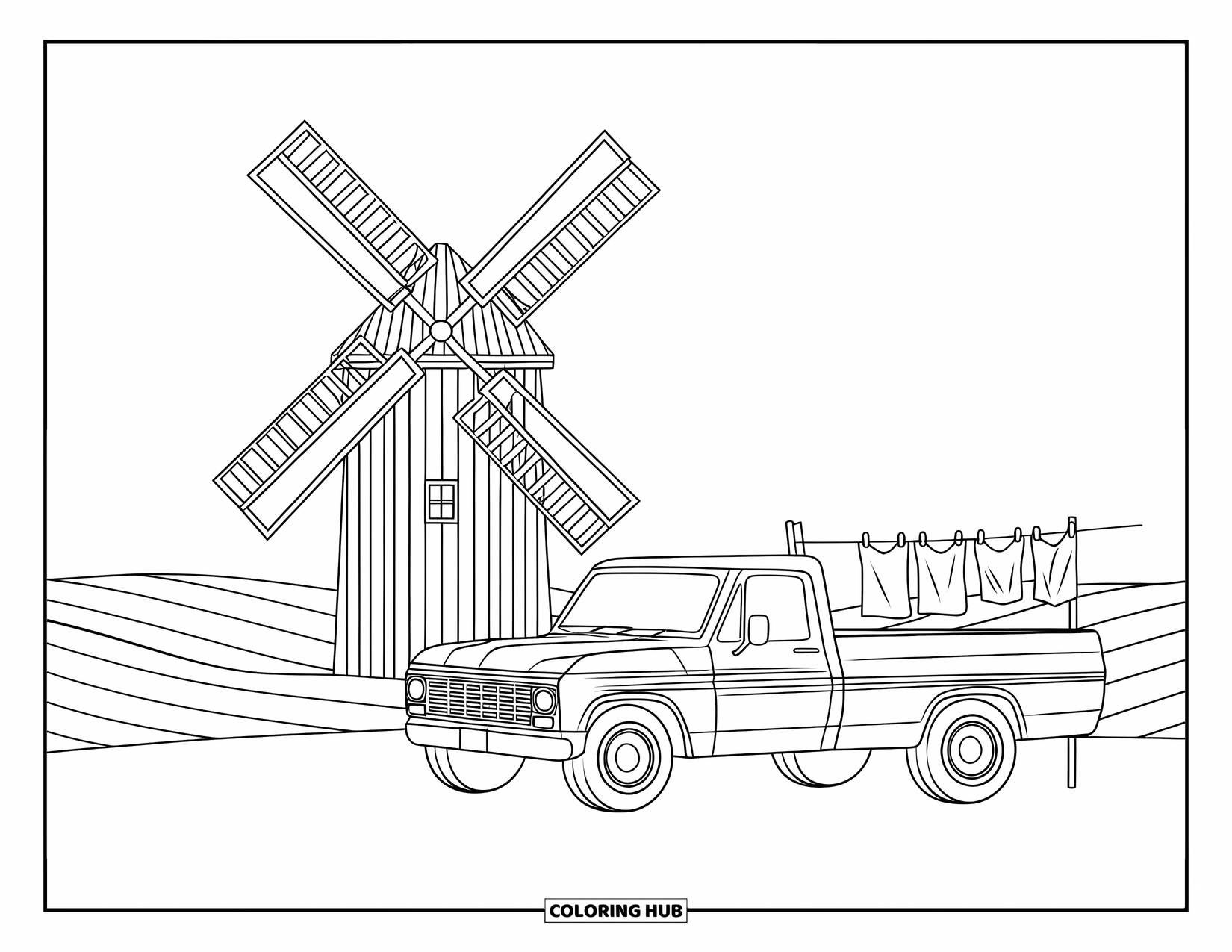 Pickup Truck Coloring Page for Kids: A red-striped truck and windmill stand with laundry drying between them