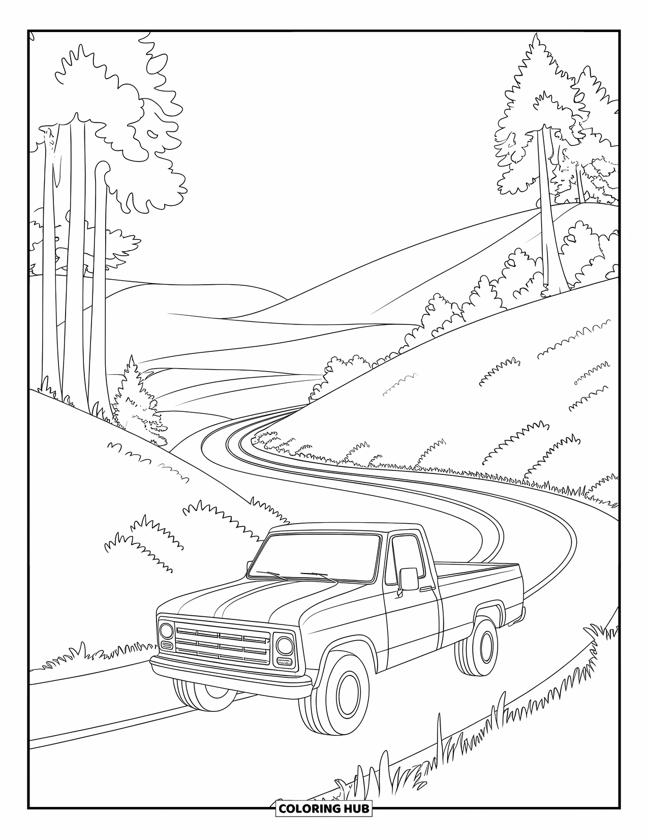 Pickup Truck Coloring Page for Kids: A red truck with a canopy drives a curvy road lined with lush trees and hills