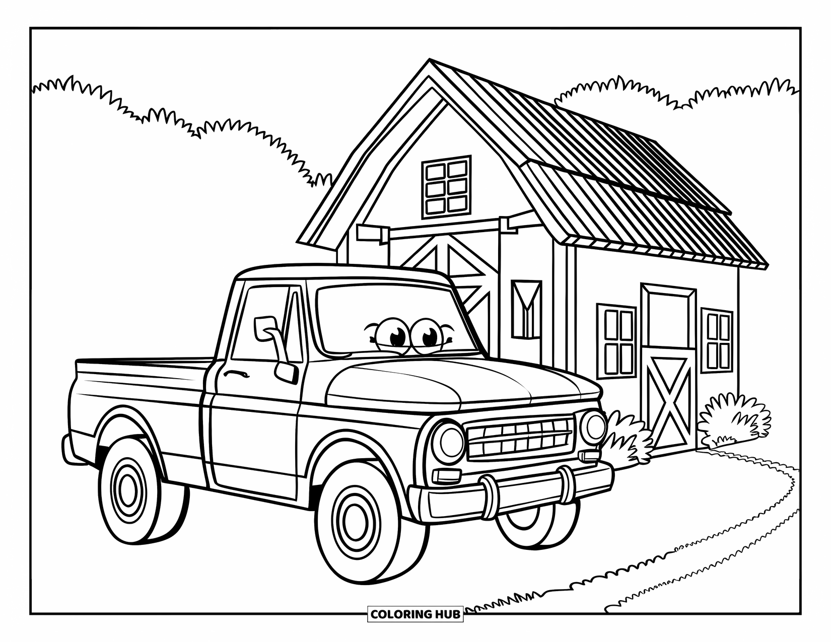 Pickup Truck Coloring Page for Kids: A smiling truck parks near a slanted-roof barn along a path in a green field