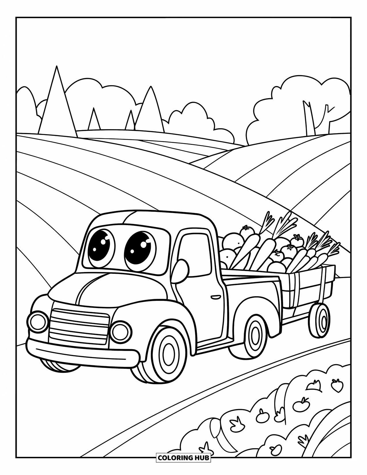 Pickup Truck Coloring Page for Kids: A smiling truck pulls a veggie-loaded wagon through a quiet rural path