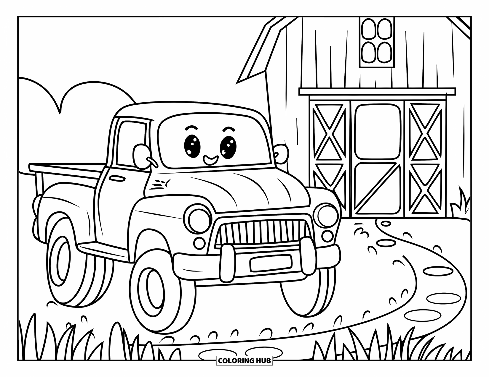 Pickup Truck Coloring Page for Kids: A smiling truck with big wheels sits beside a cozy little barn and grassy path
