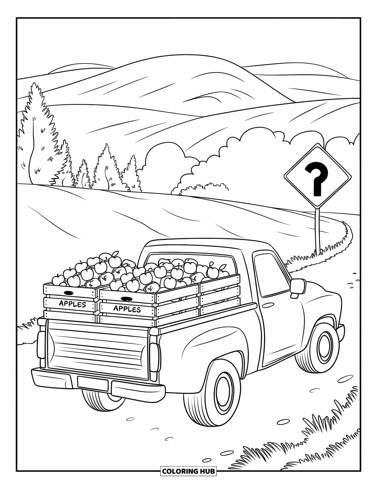 Pickup Truck Coloring Page for Kids: A truck carrying apple crates drives along a dirt road past rolling green hills