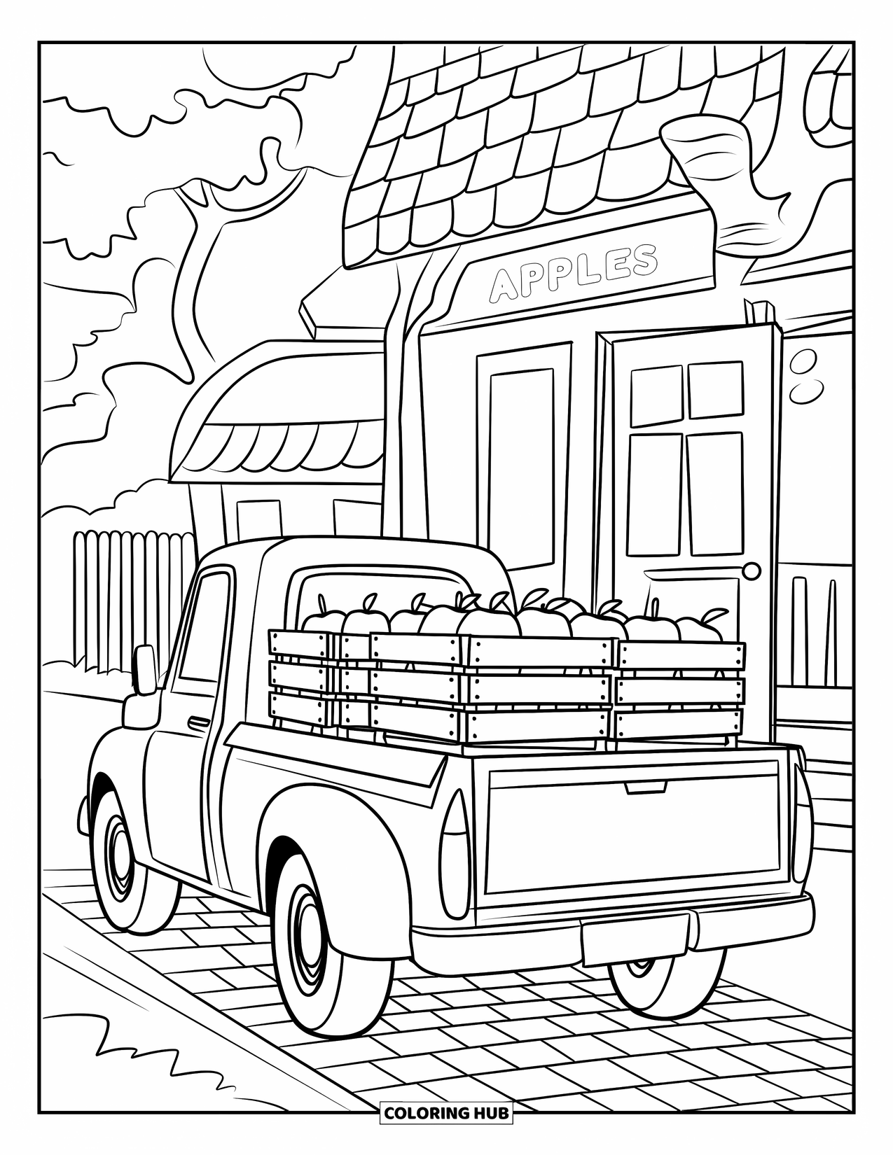 Pickup Truck Coloring Page for Kids: A truck loaded with crates of apples is parked on a cobblestone path