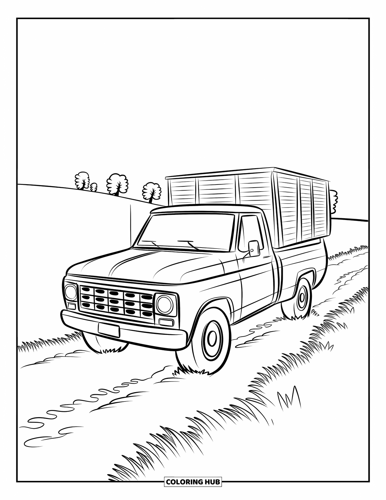 Pickup Truck Coloring Page for Kids: A truck with a cargo box rolls through a peaceful path with trees and open space