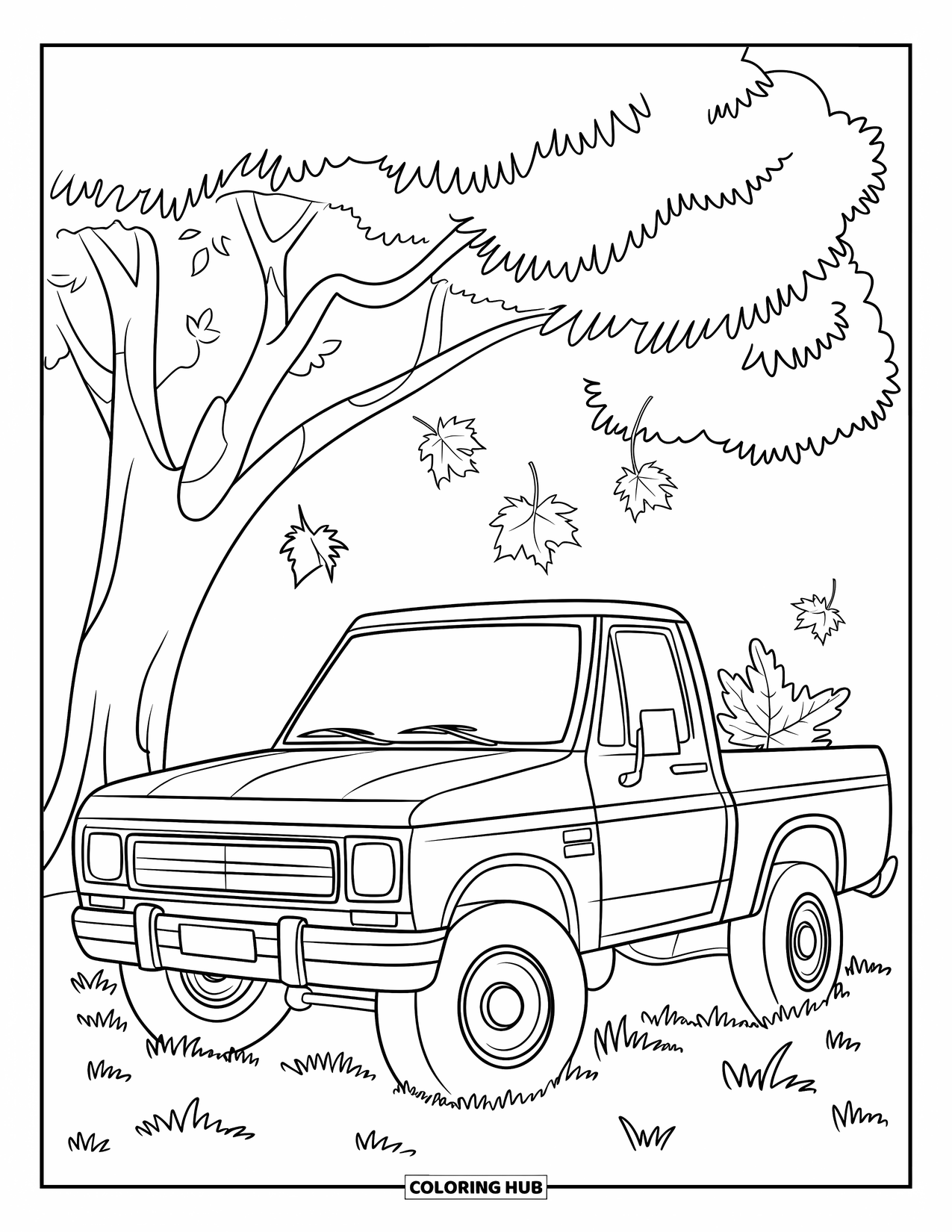 Pickup Truck Coloring Page for Kids: A truck with a leaf nearby parks under a tree on a grassy patch