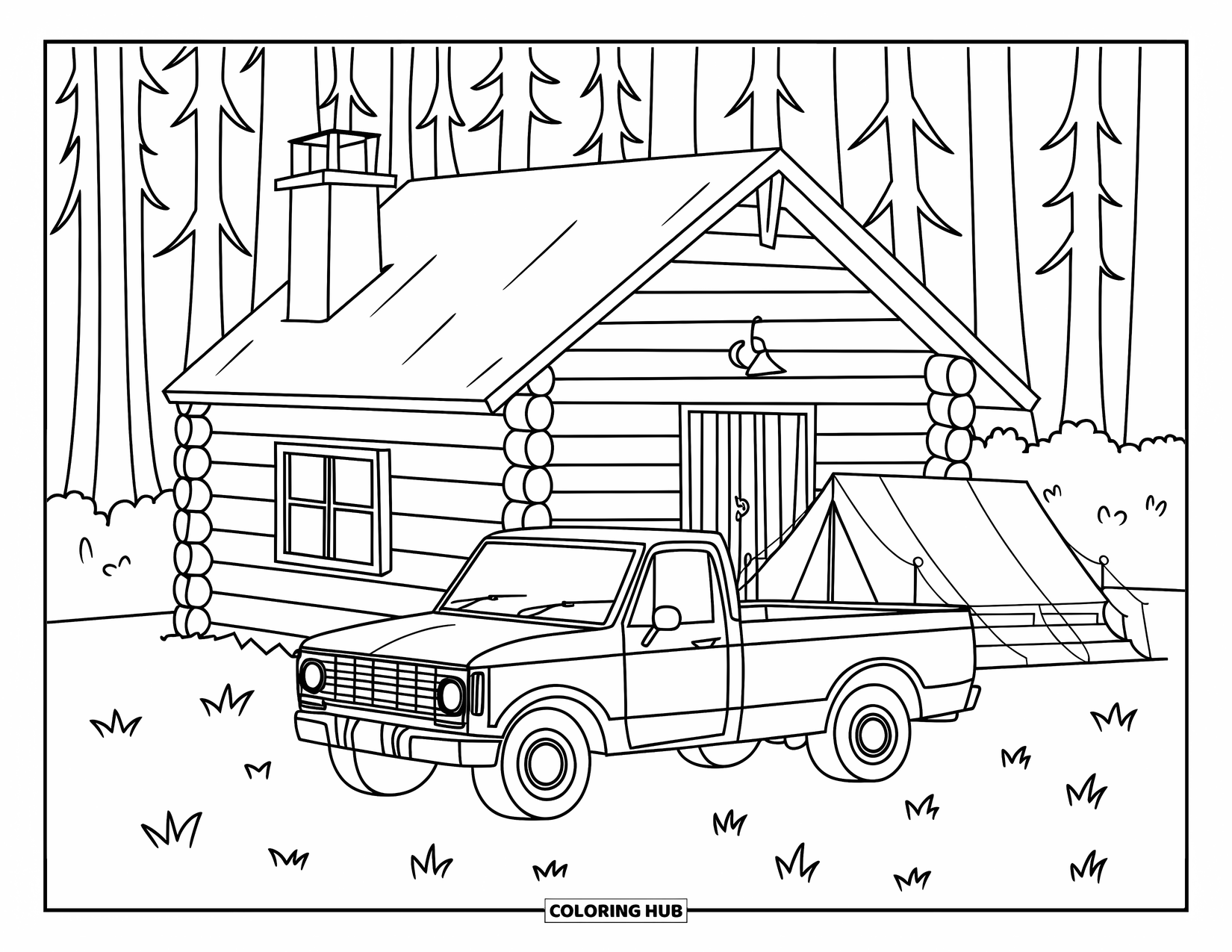 Pickup Truck Coloring Page for Kids: A truck with a tent rests near a forest cabin under tall, leafy trees